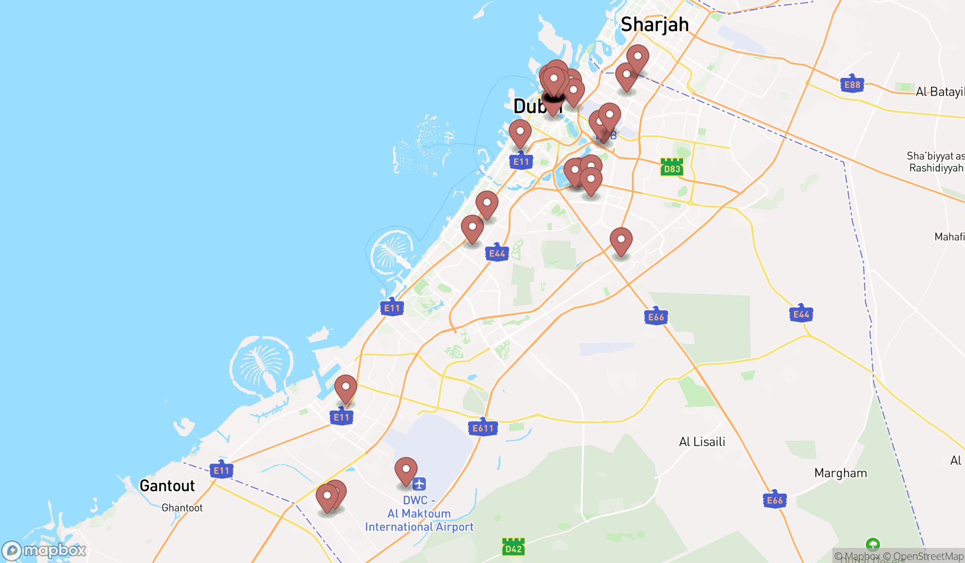 Map showing the search results in Dubai