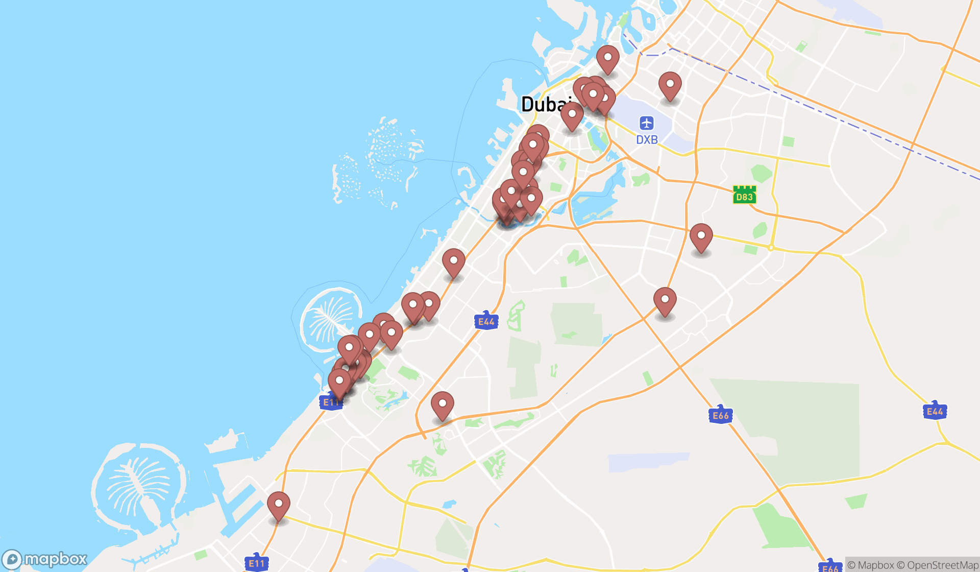 Map showing the search results in Dubai