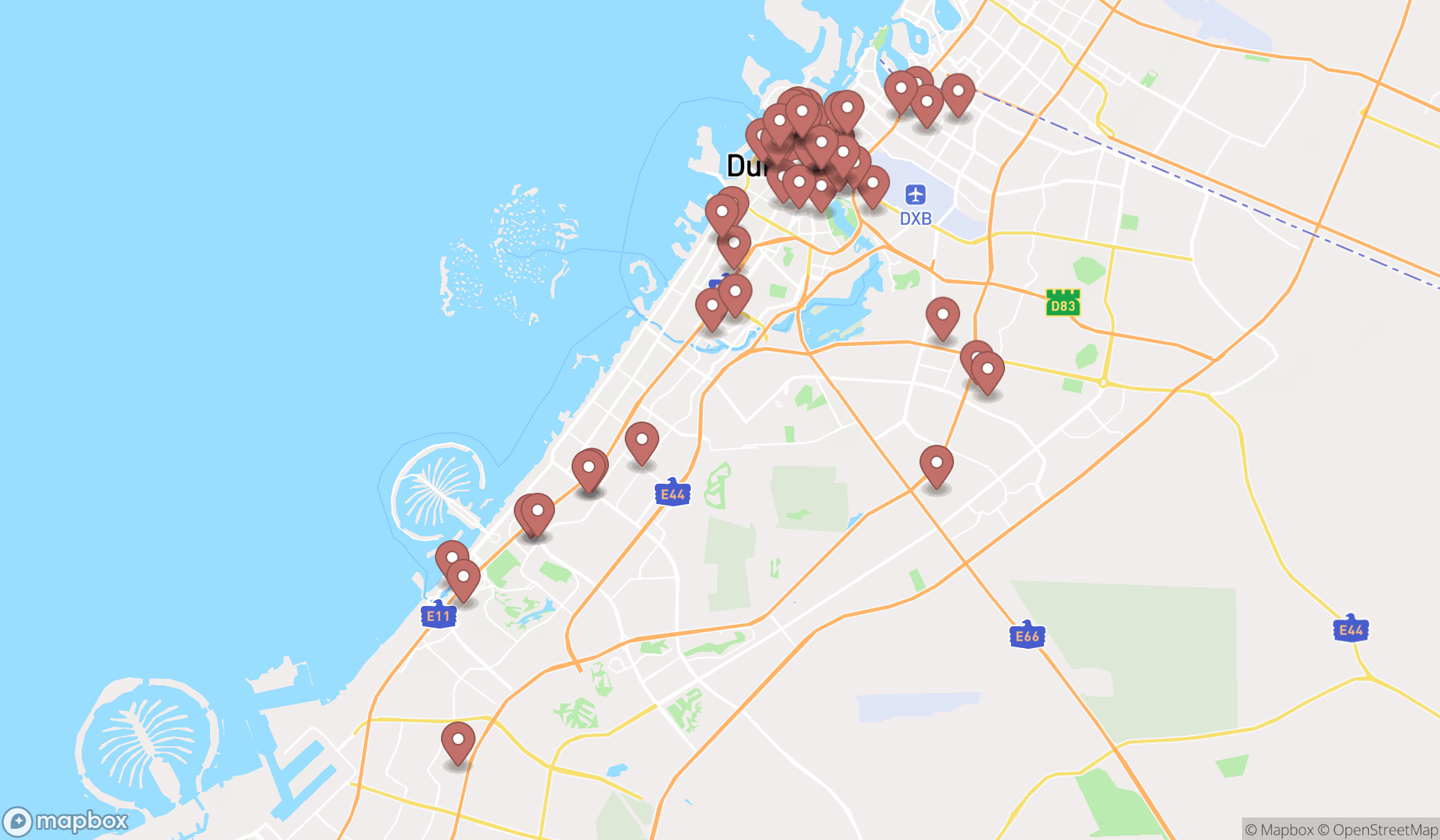 Map showing the search results in Dubai