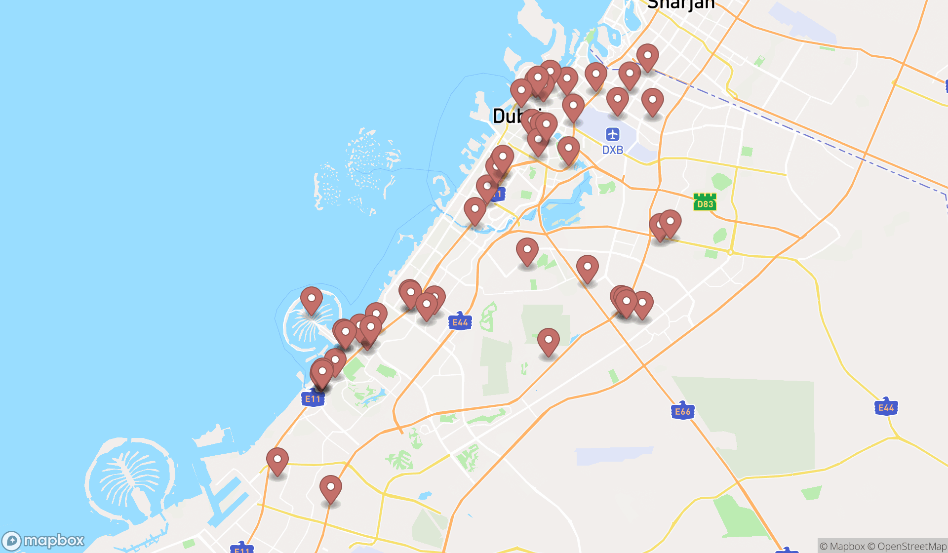 Map showing the search results in Dubai
