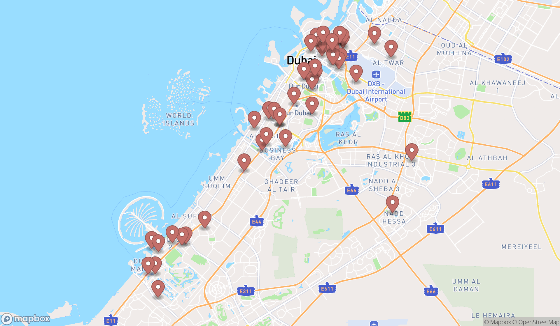 Map showing the search results in Dubai