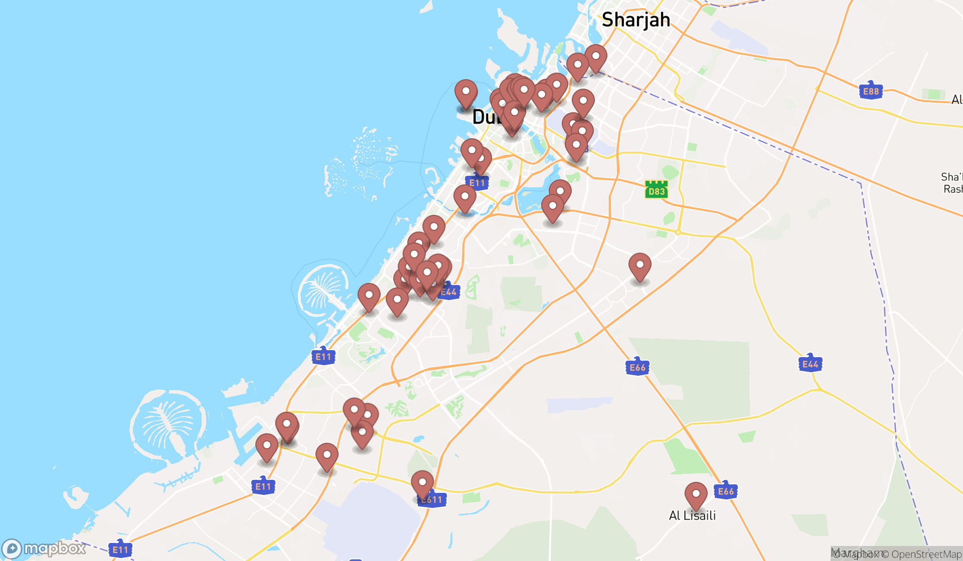Map showing the search results in Dubai