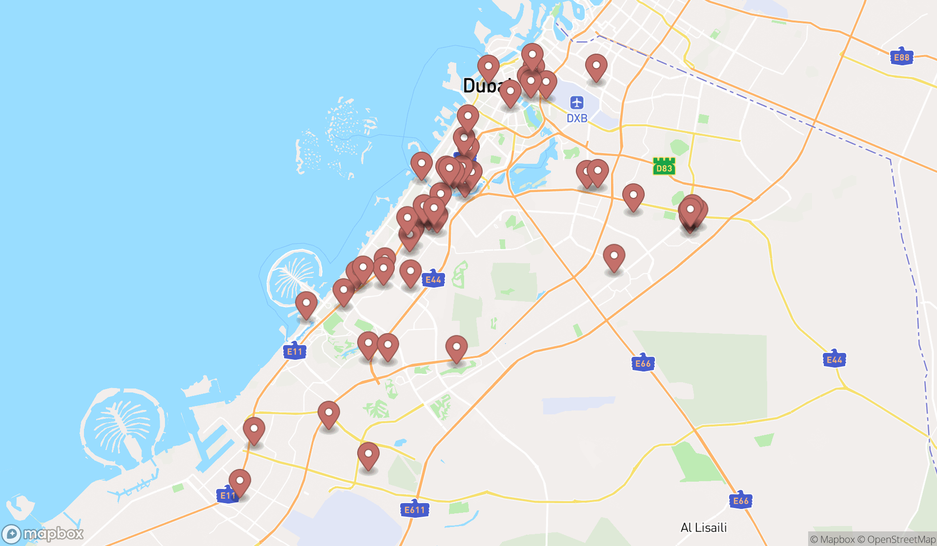 Map showing the search results in Dubai