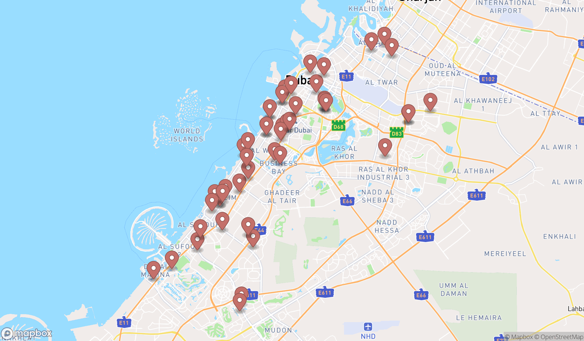 Map showing the search results in Dubai