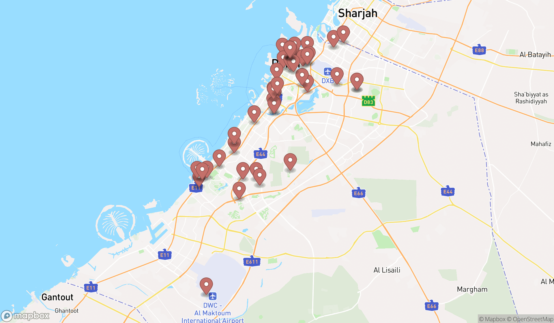 Map showing the search results in Dubai