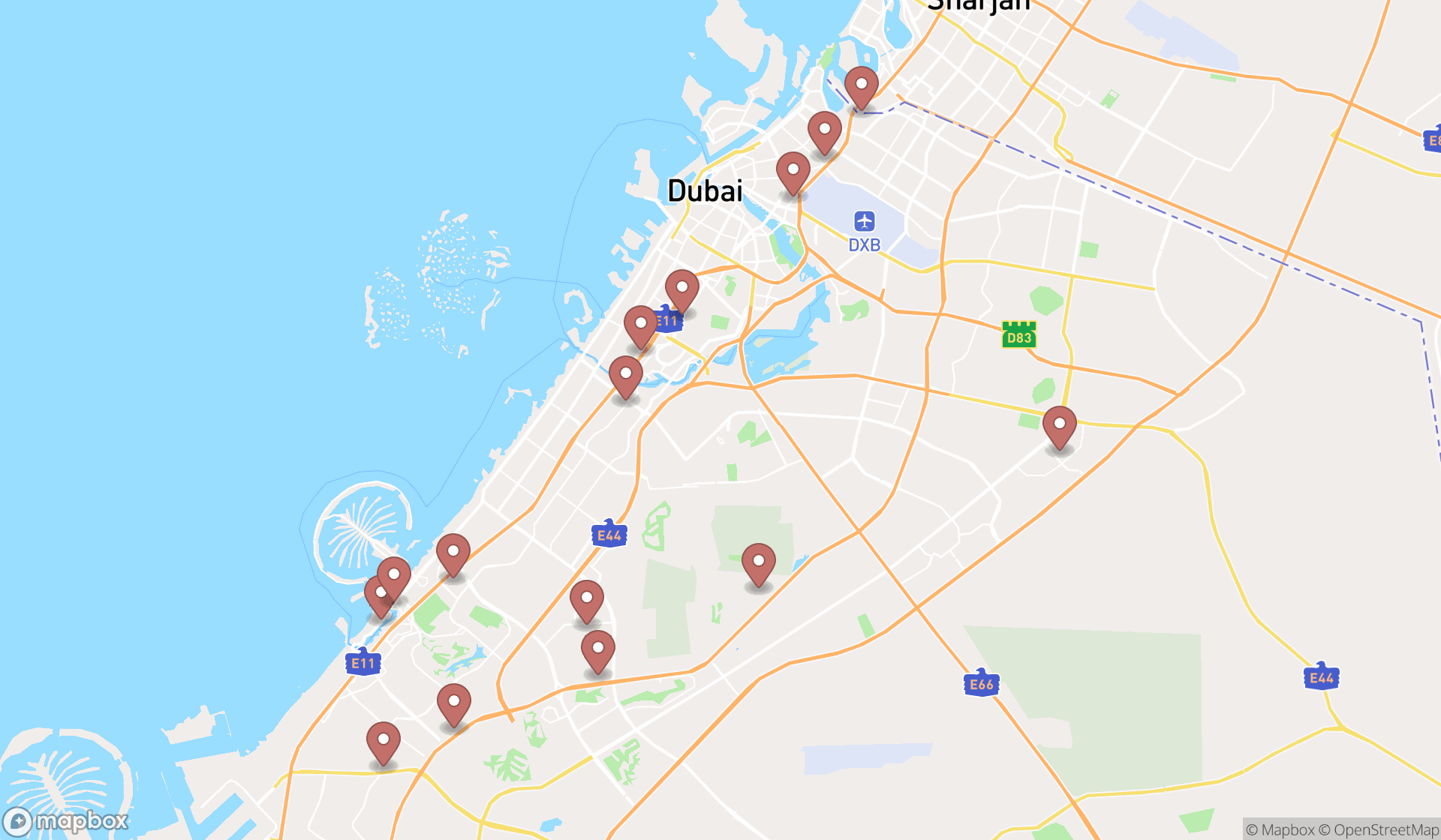 Map showing the search results in Dubai
