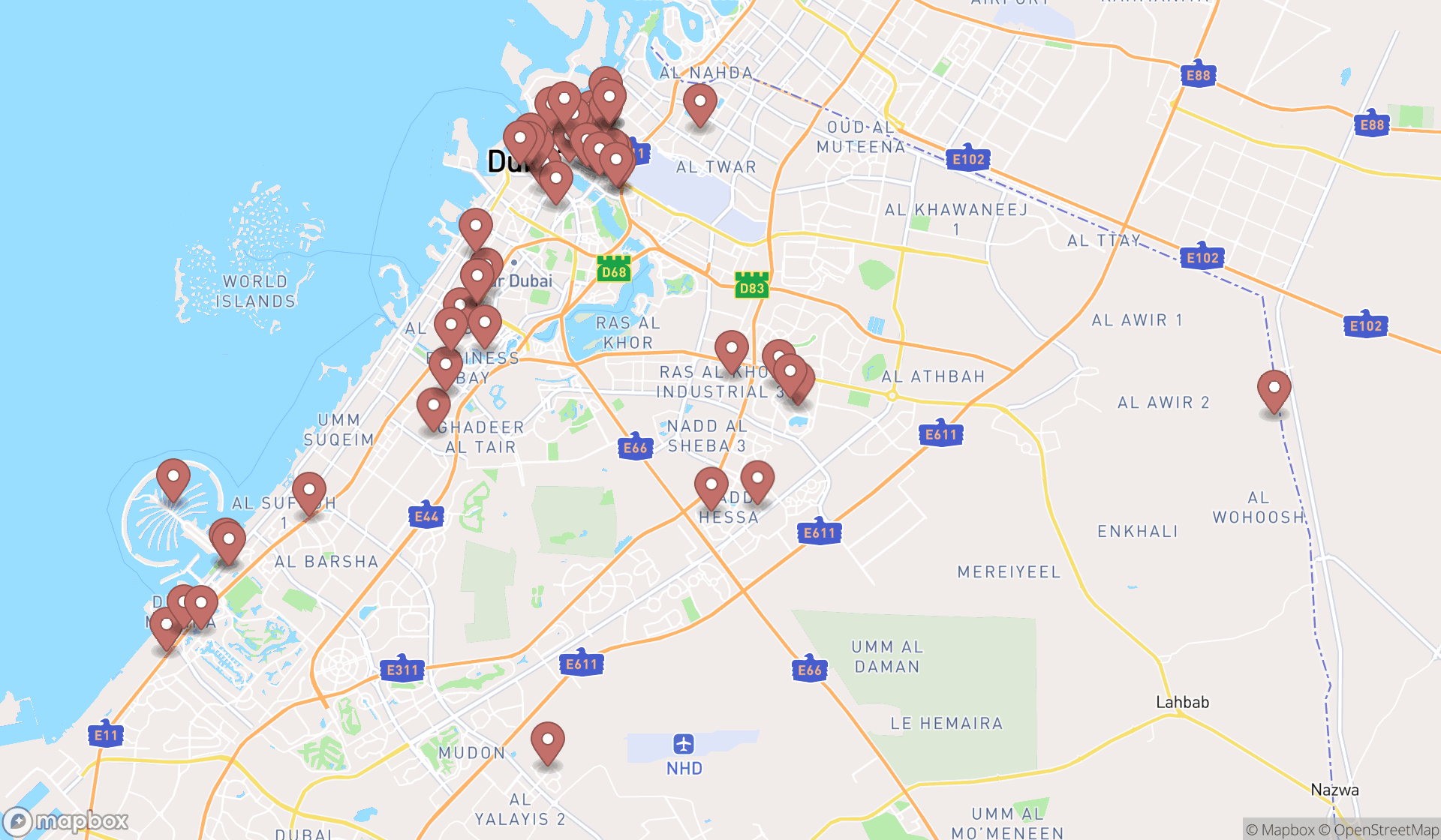 Map showing the search results in Dubai