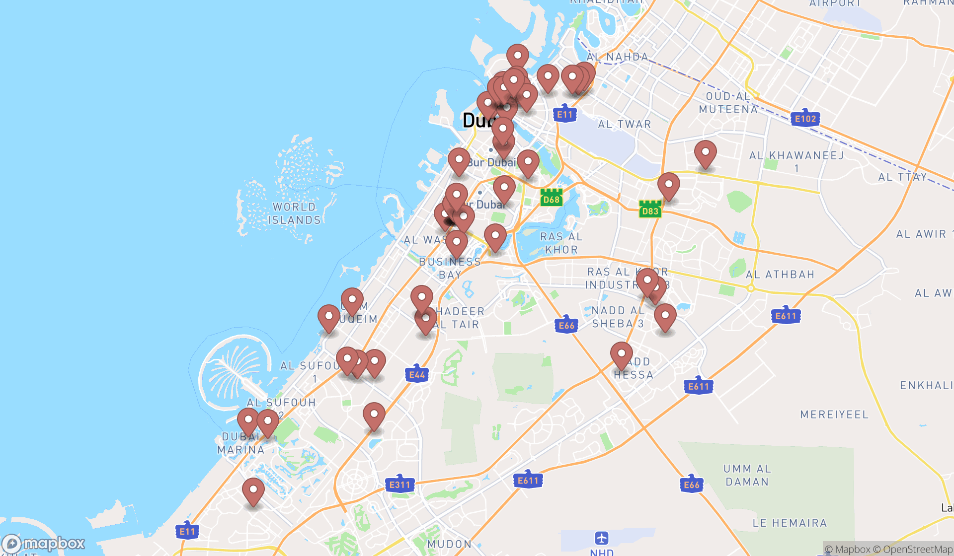 Map showing the search results in Dubai
