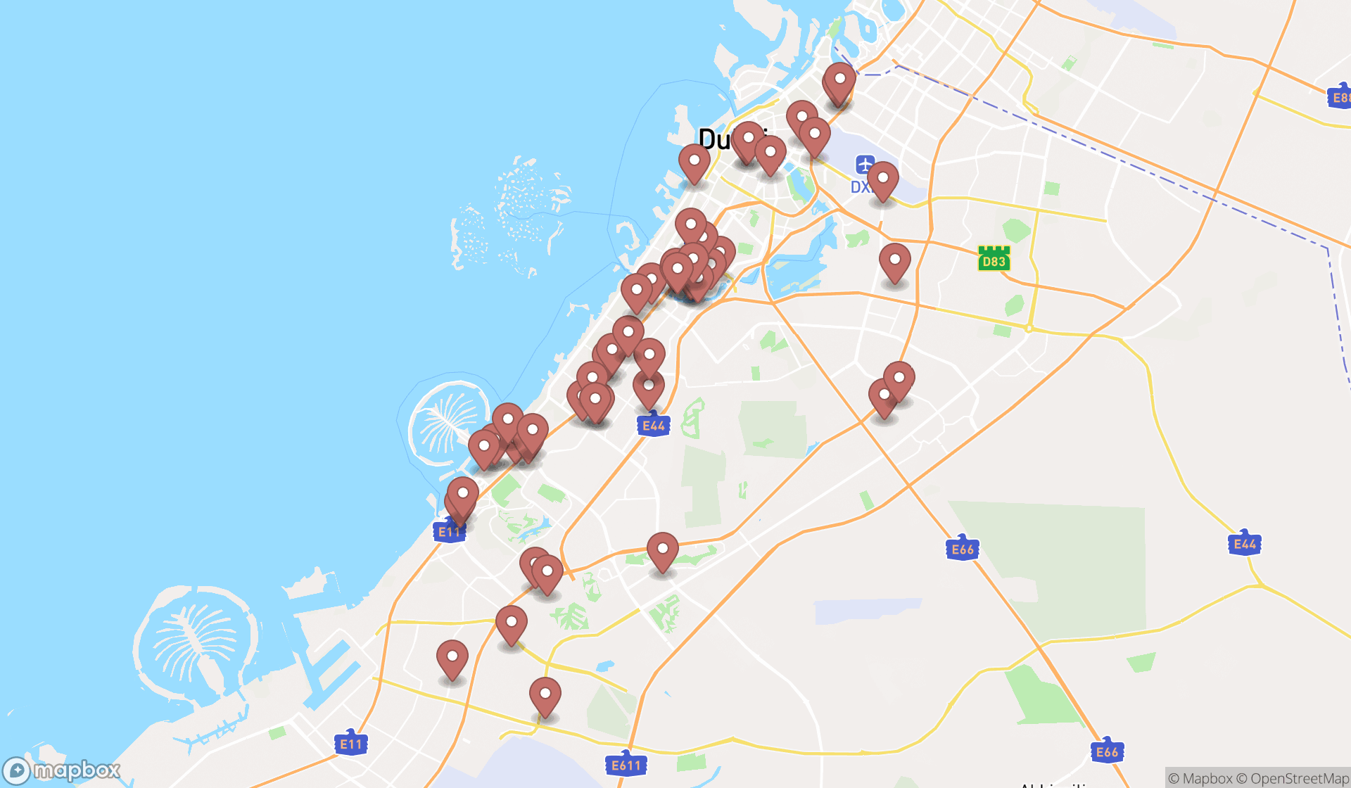 Map showing the search results in Dubai