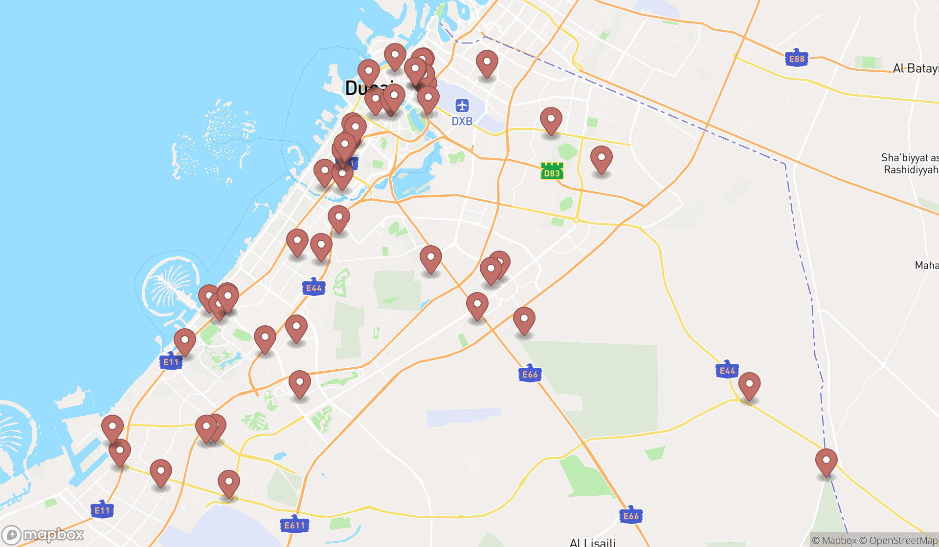 Map showing the search results in Dubai