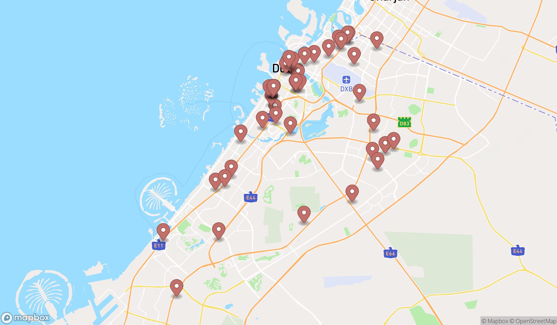 Map showing the search results in Dubai