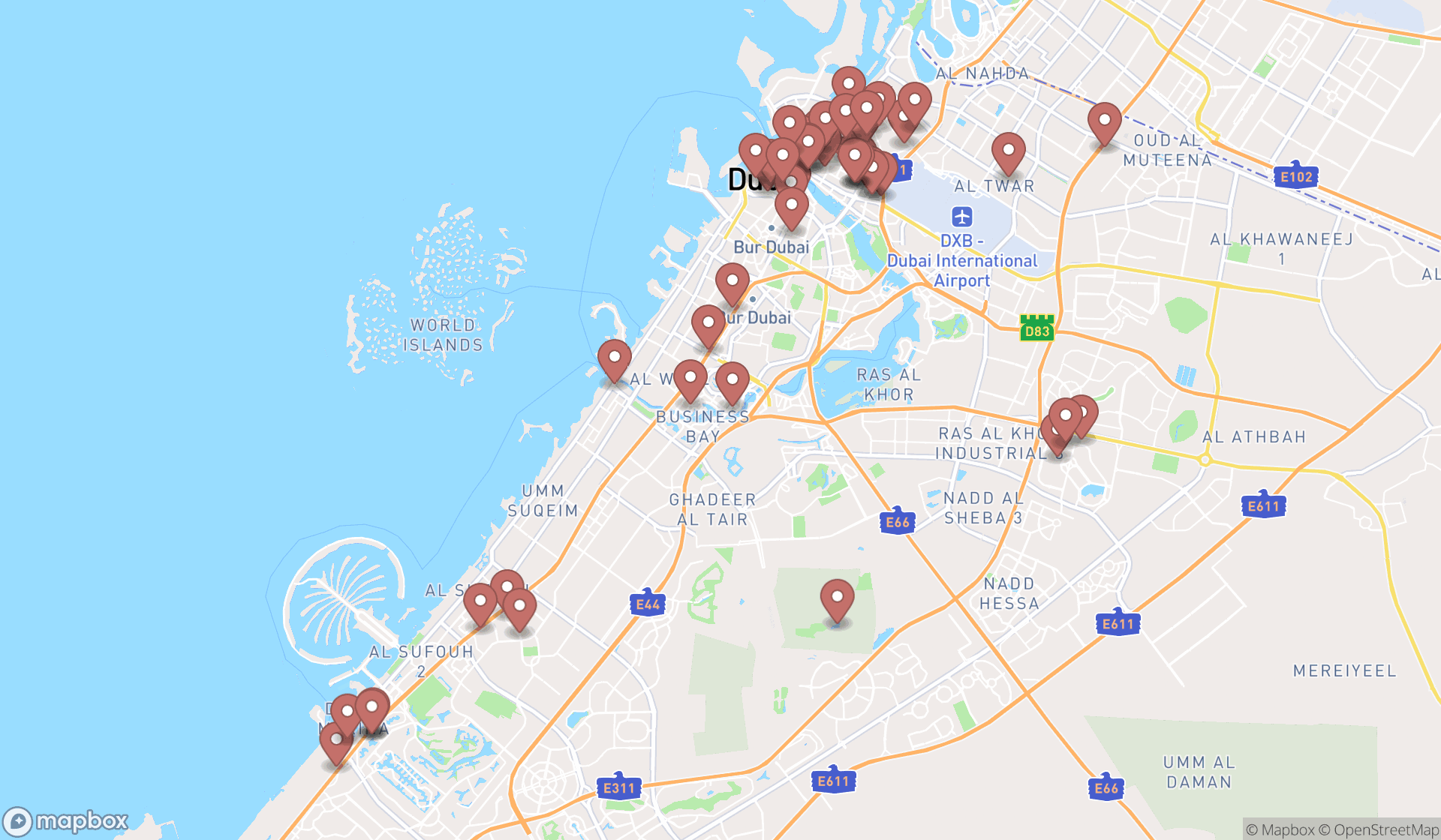 Map showing the search results in Dubai
