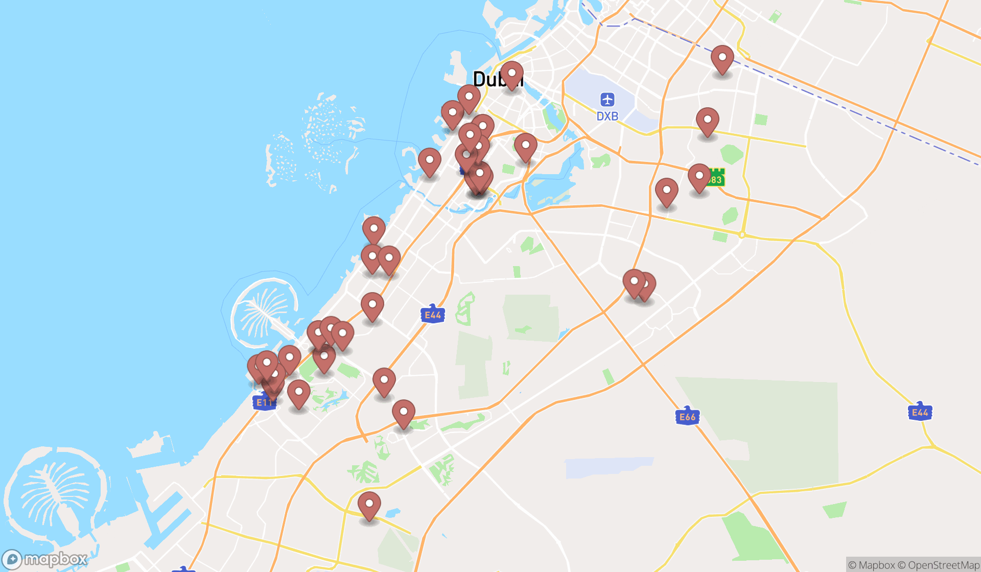 Map showing the search results in Dubai