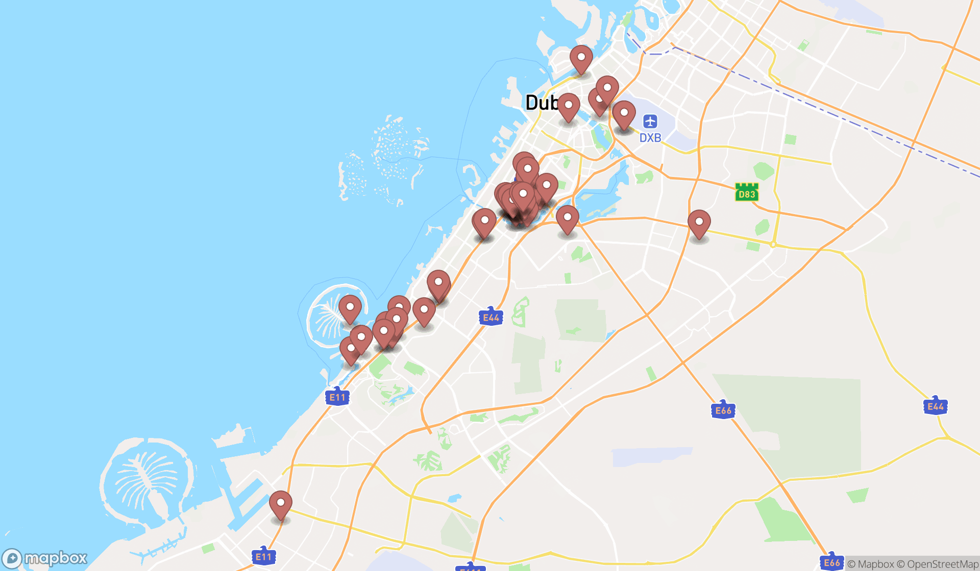 Map showing the search results in Dubai
