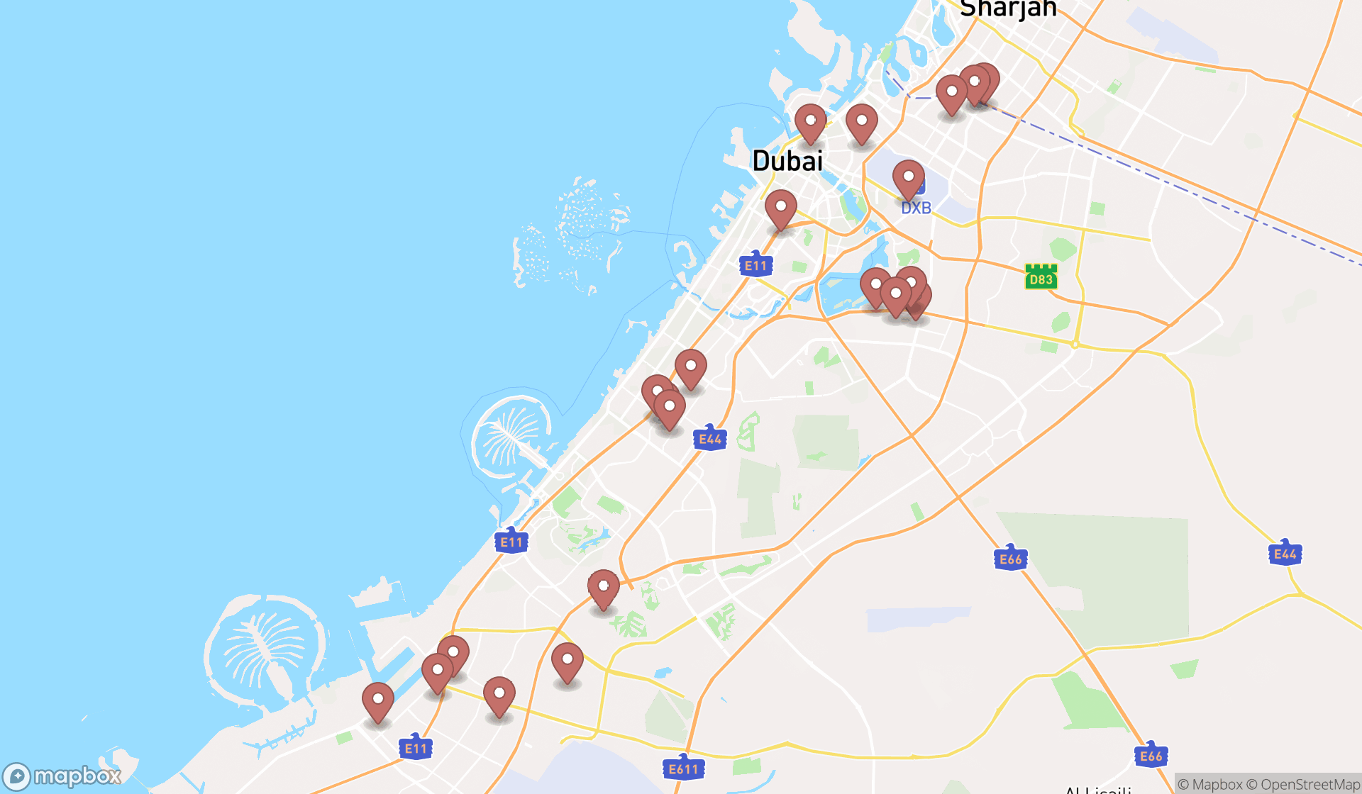 Map showing the search results in Dubai