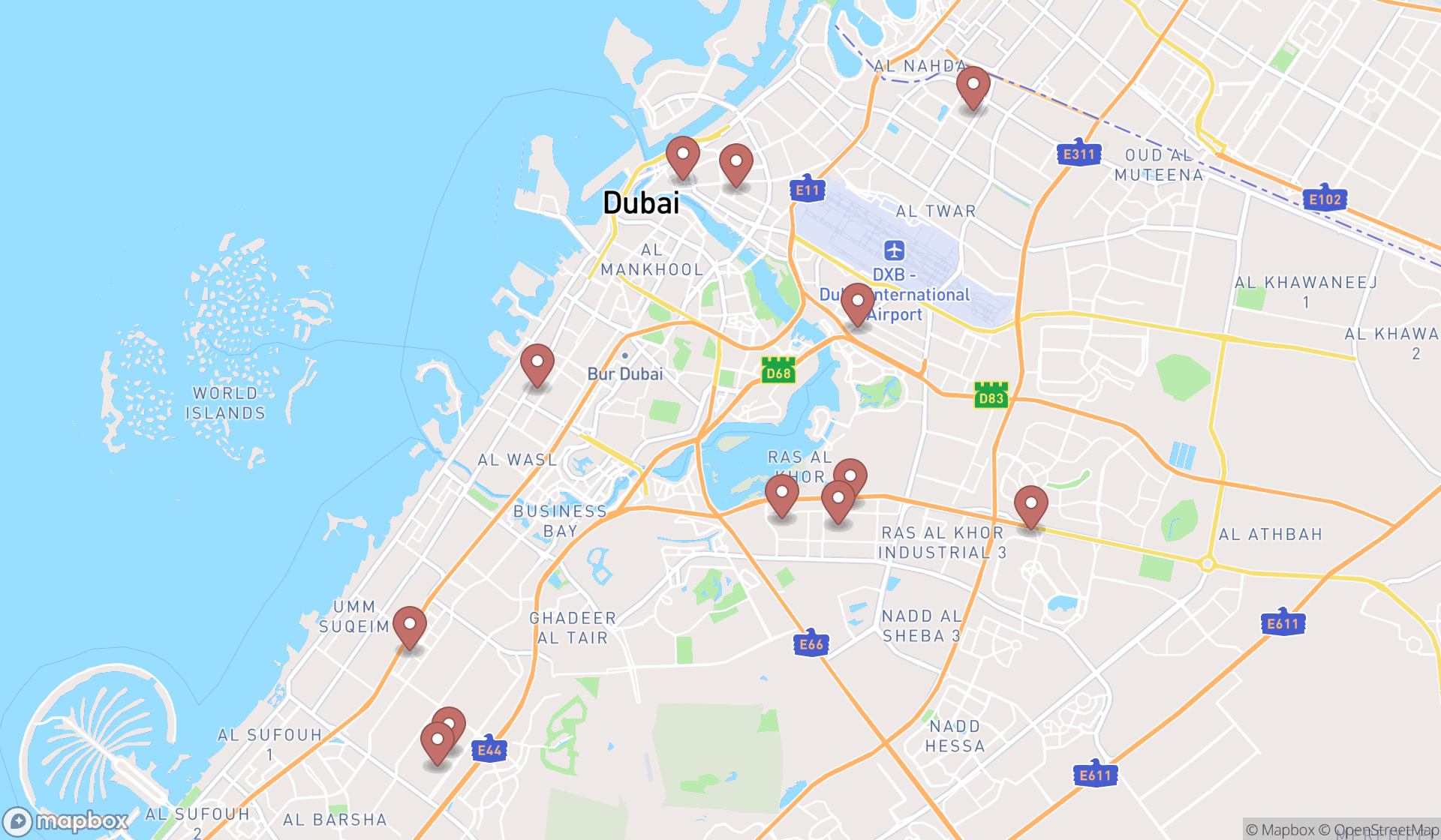 Map showing the search results in Dubai