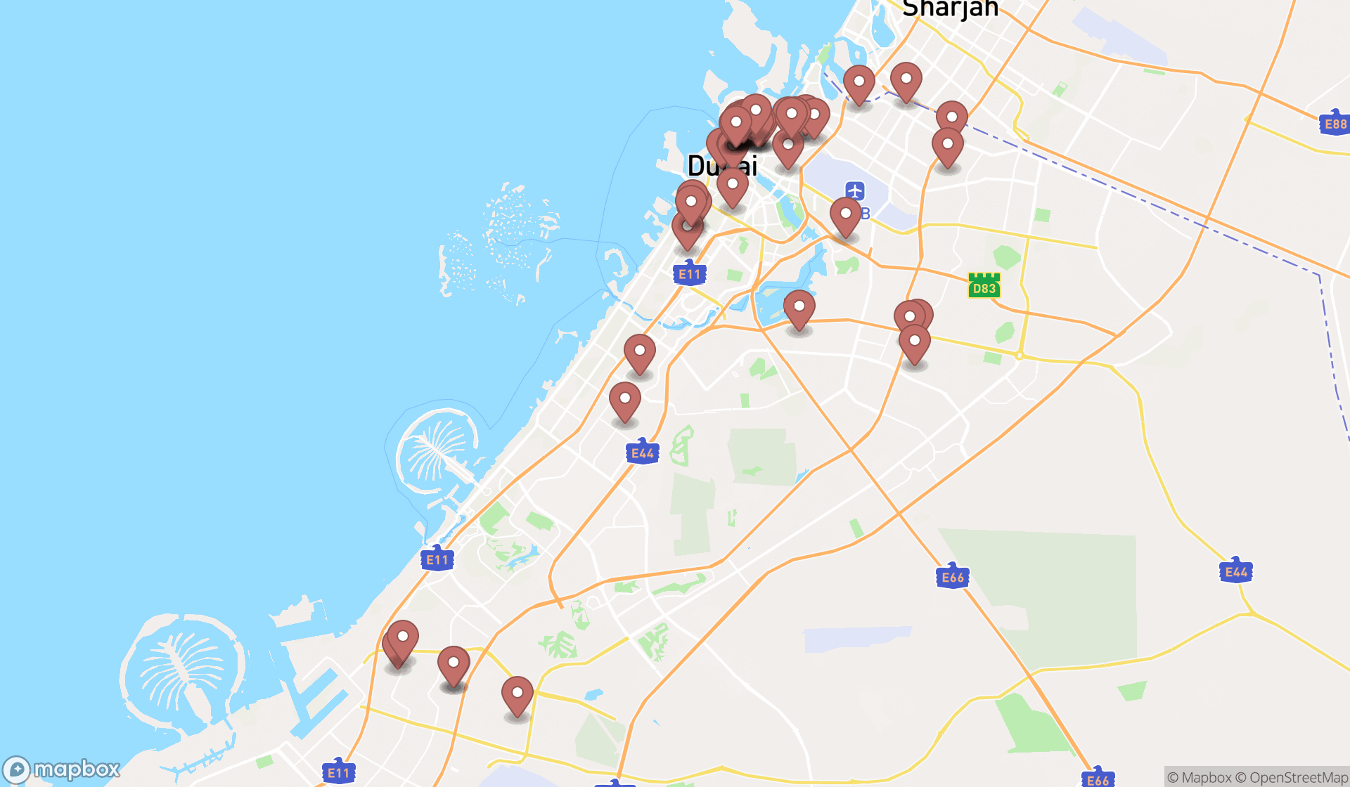 Map showing the search results in Dubai