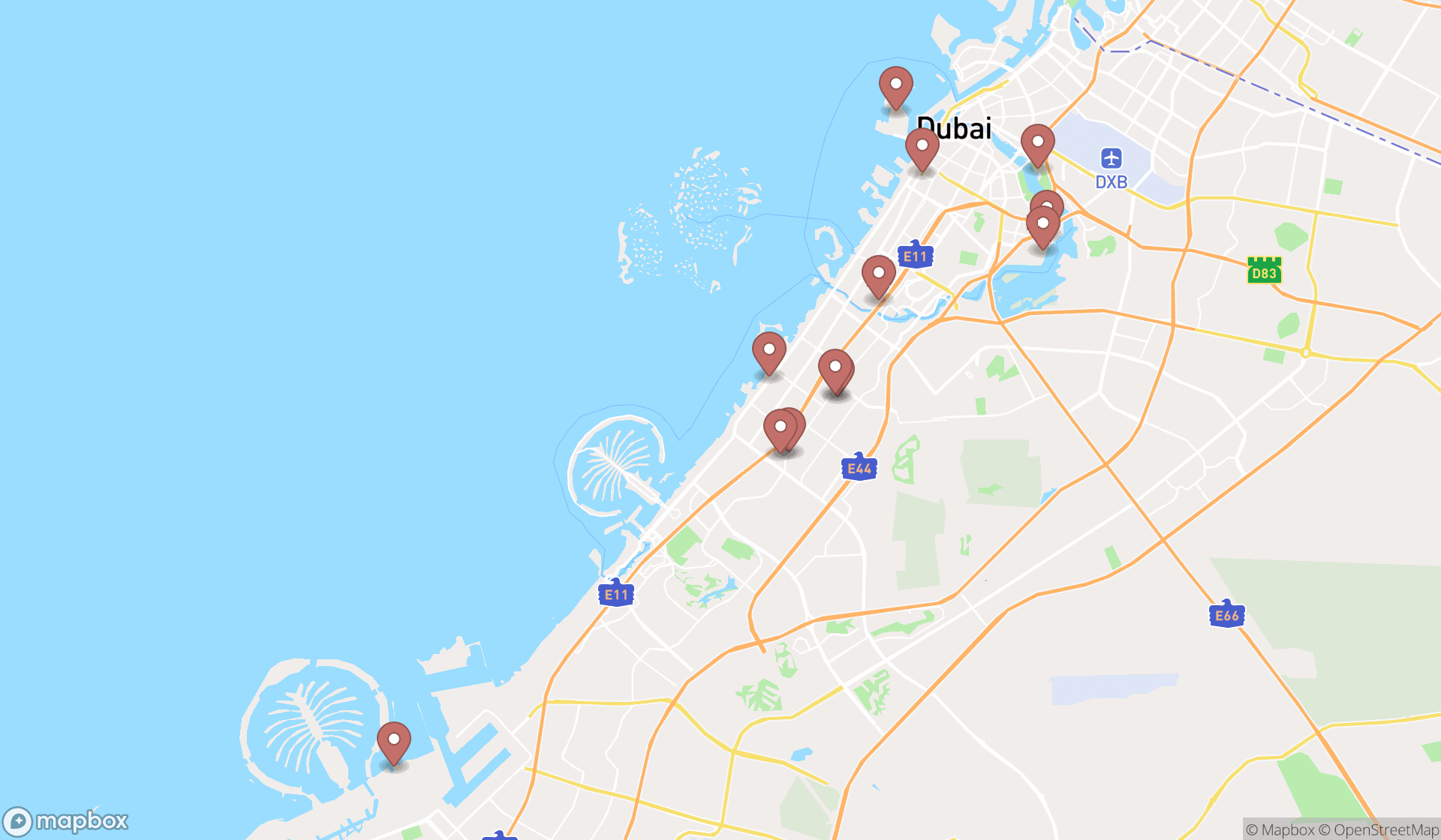 Map showing the search results in Dubai