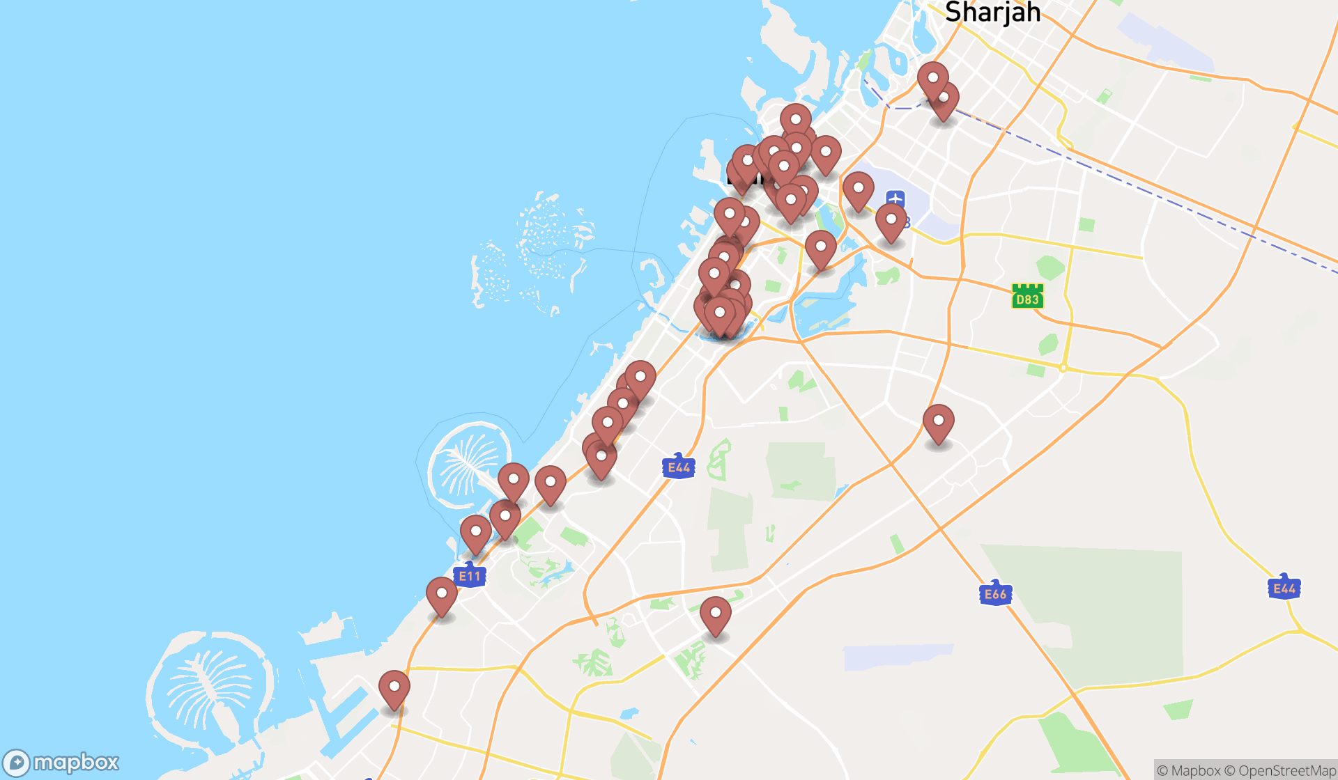 Map showing the search results in Dubai