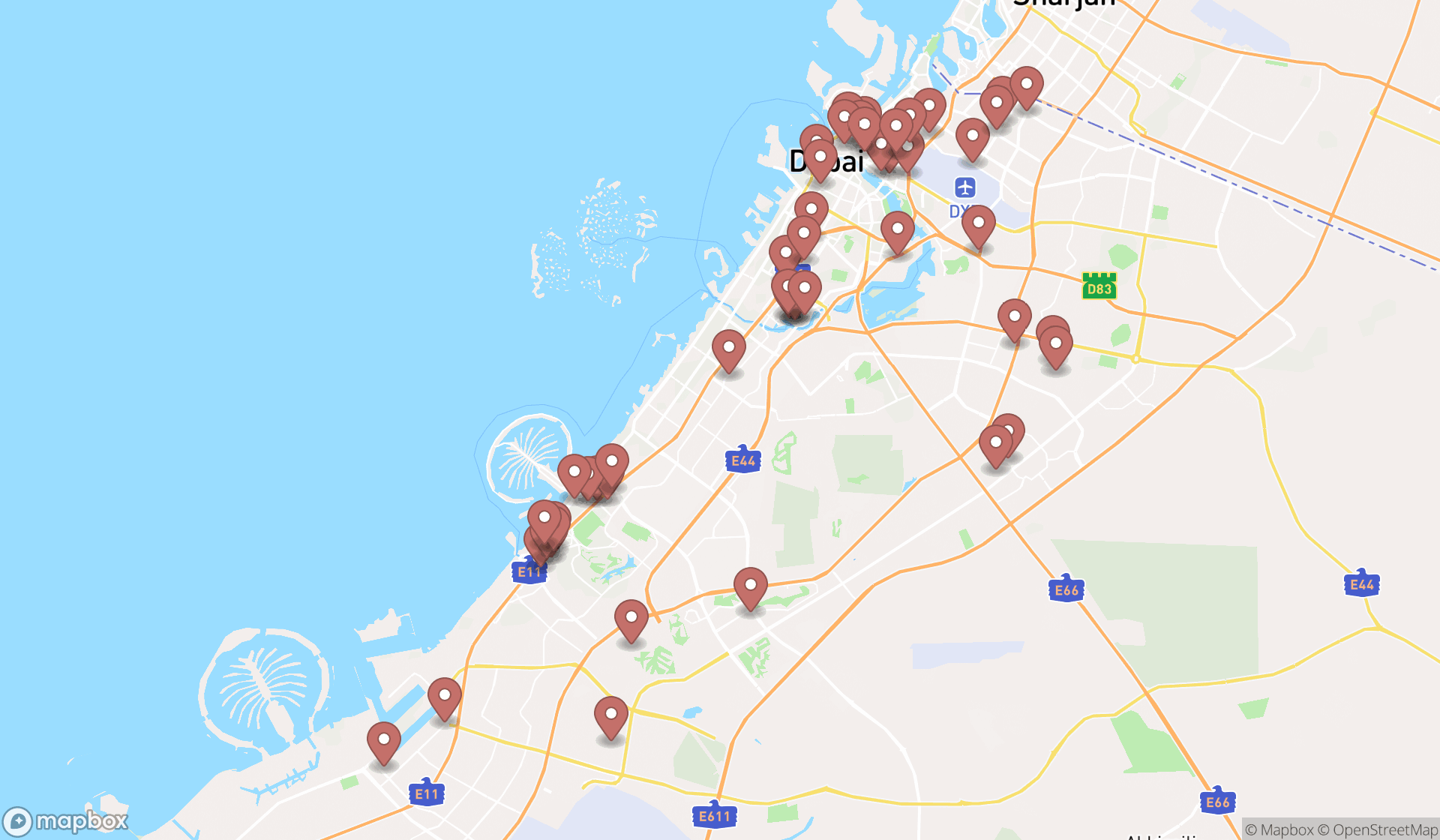 Map showing the search results in Dubai