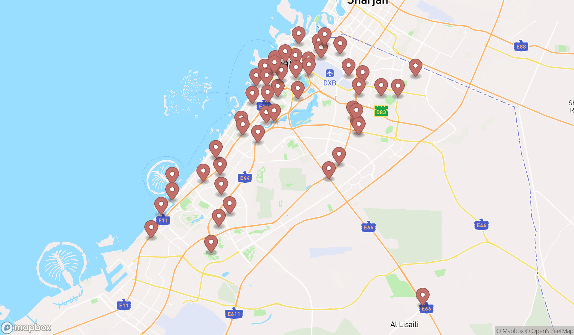 Map showing the search results in Dubai
