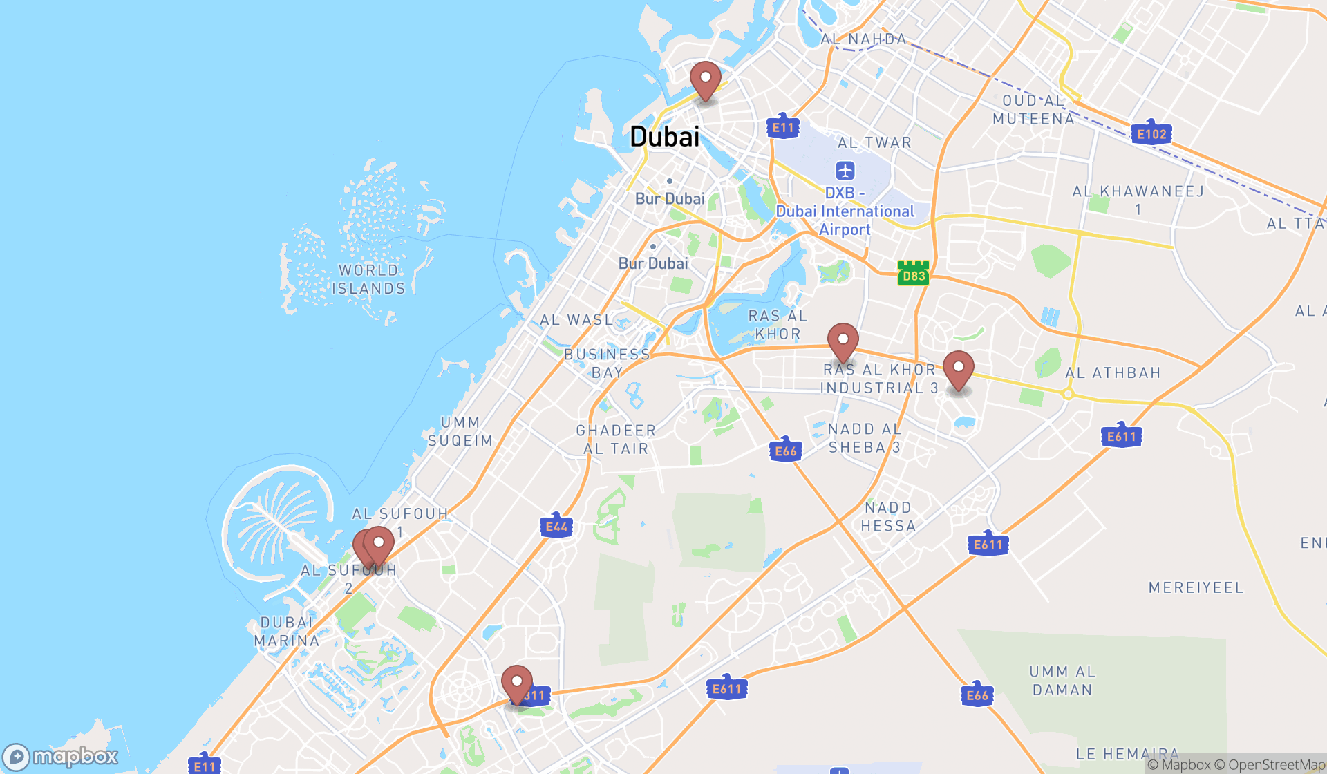 Map showing the search results in Dubai