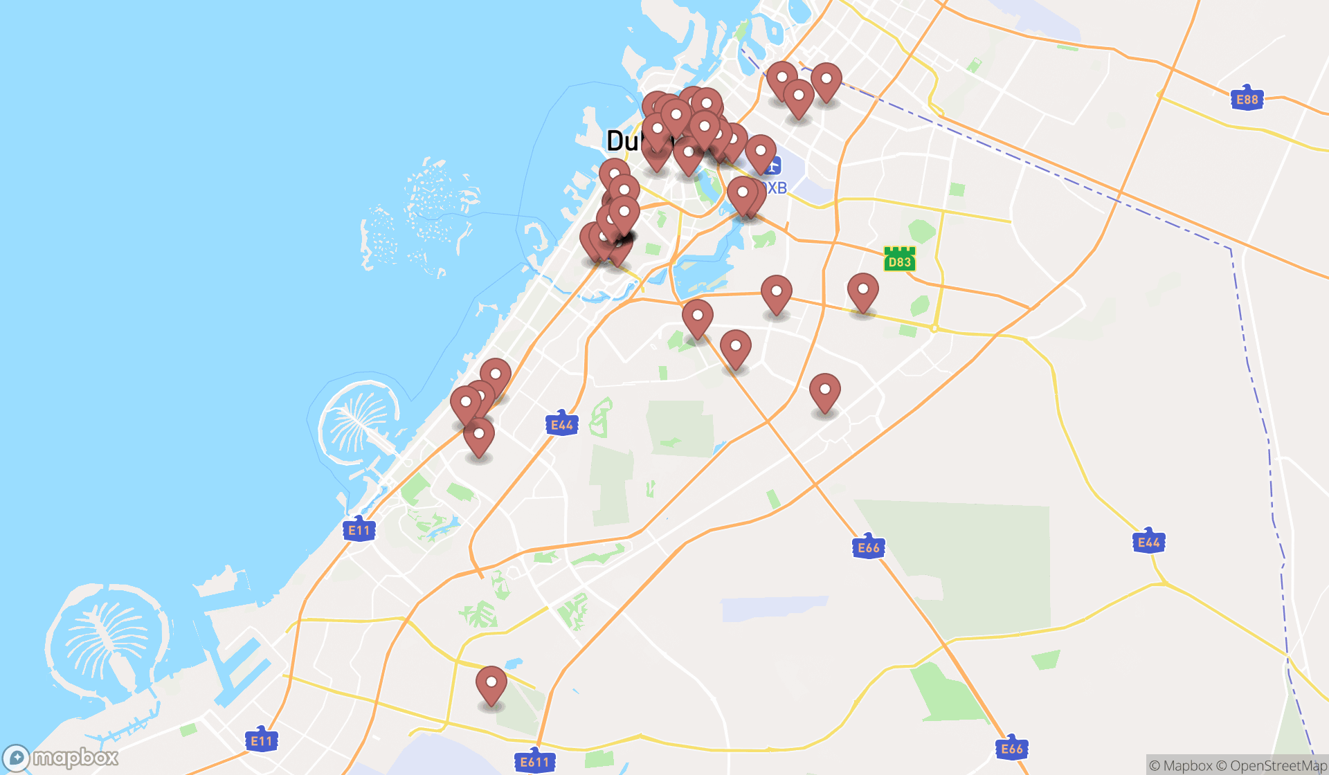 Map showing the search results in Dubai