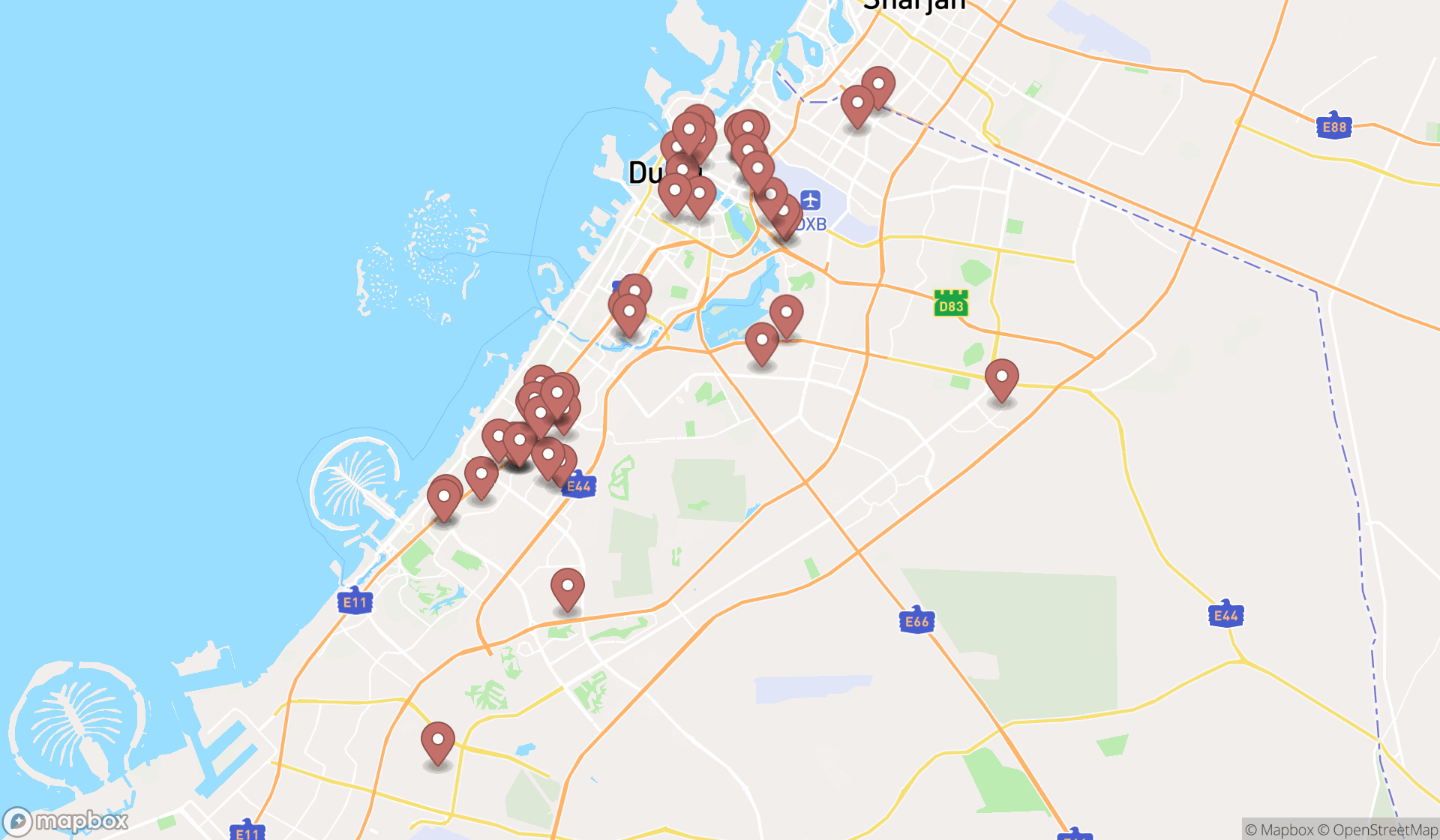 Map showing the search results in Dubai