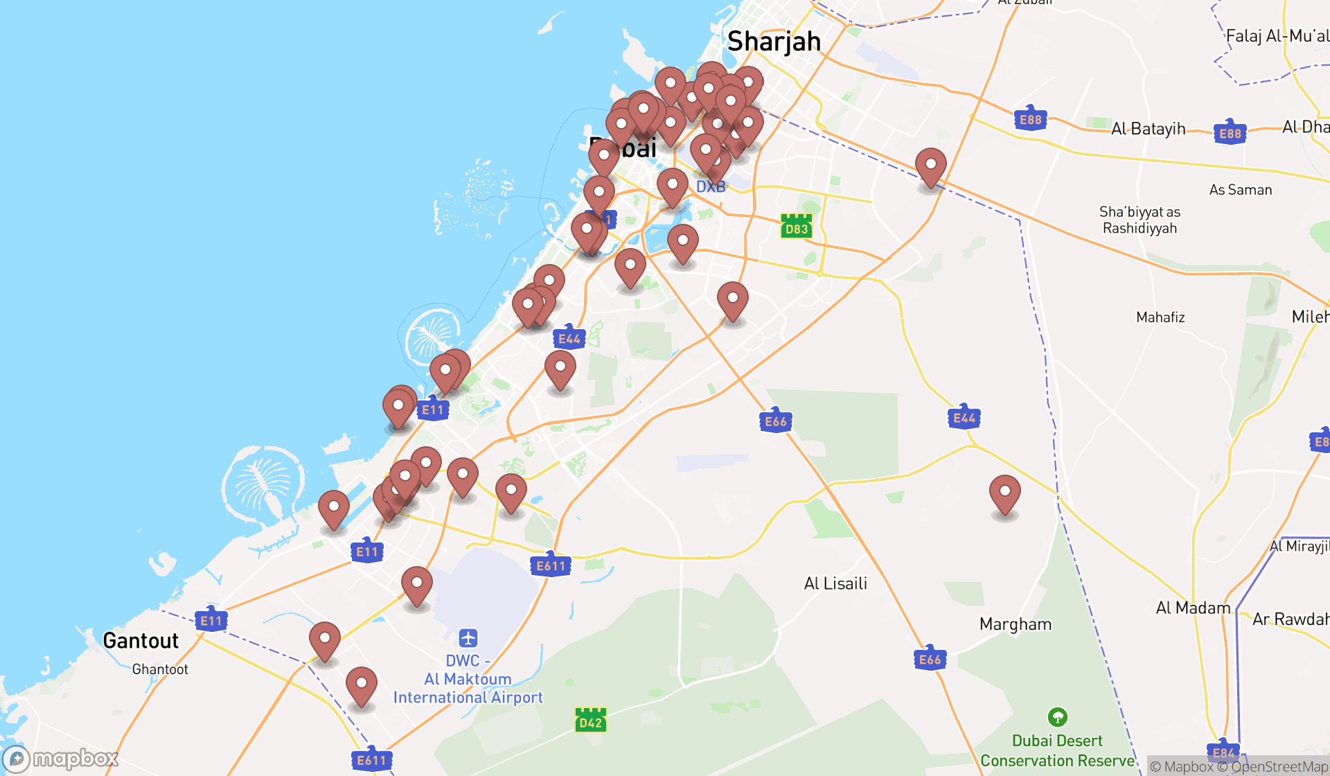 Map showing the search results in Dubai
