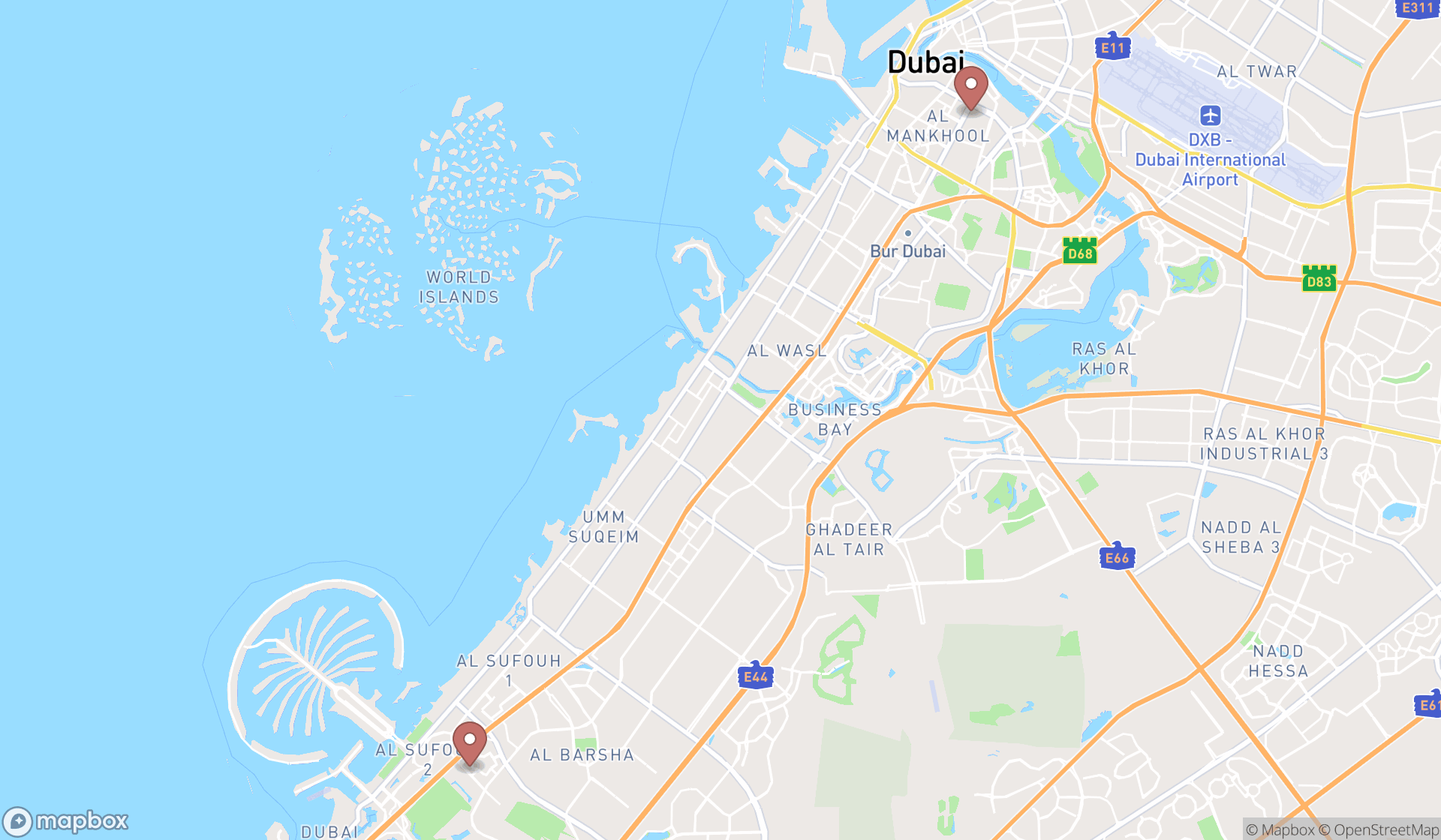 Map showing the search results in Dubai