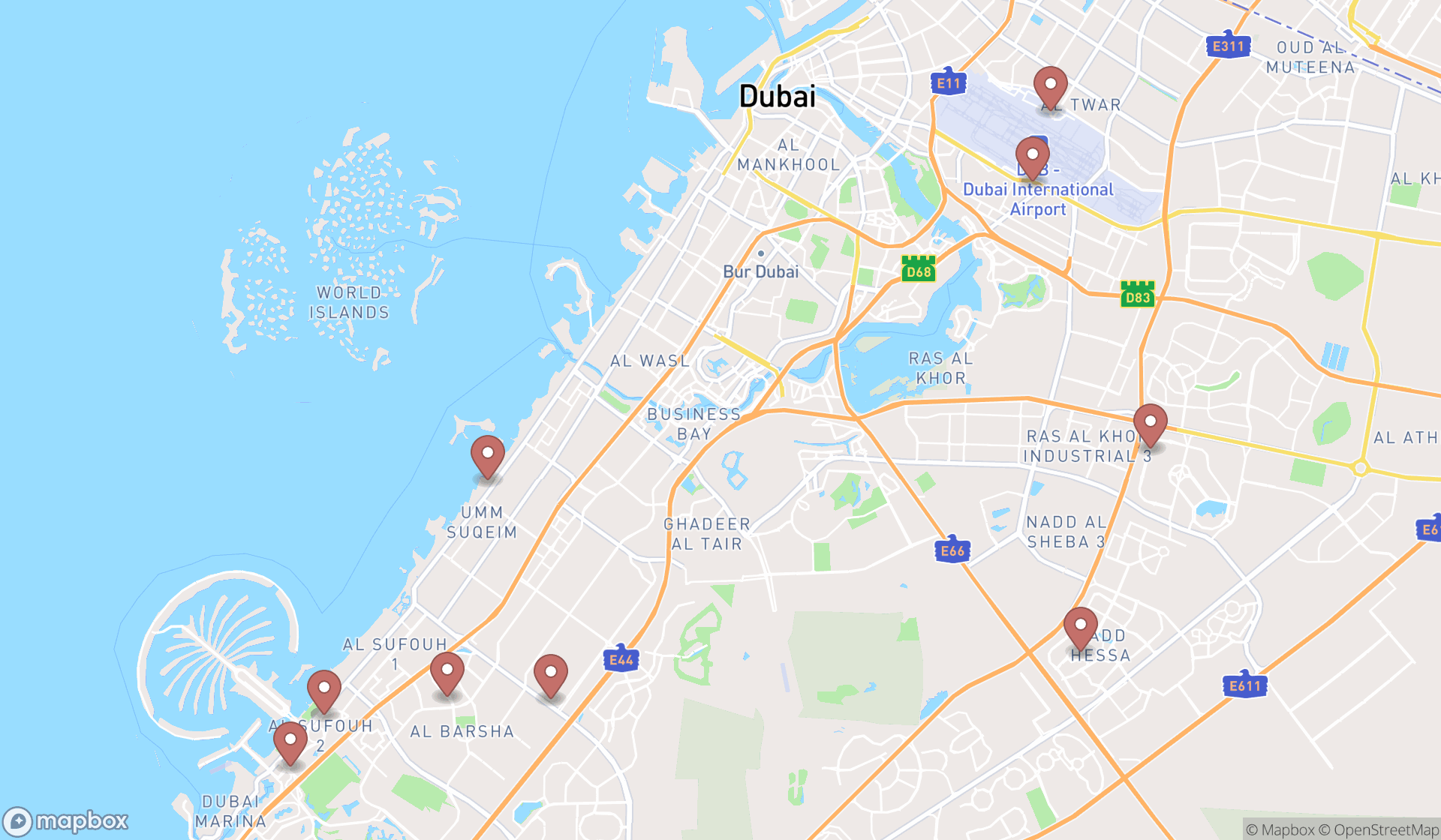 Map showing the search results in Dubai
