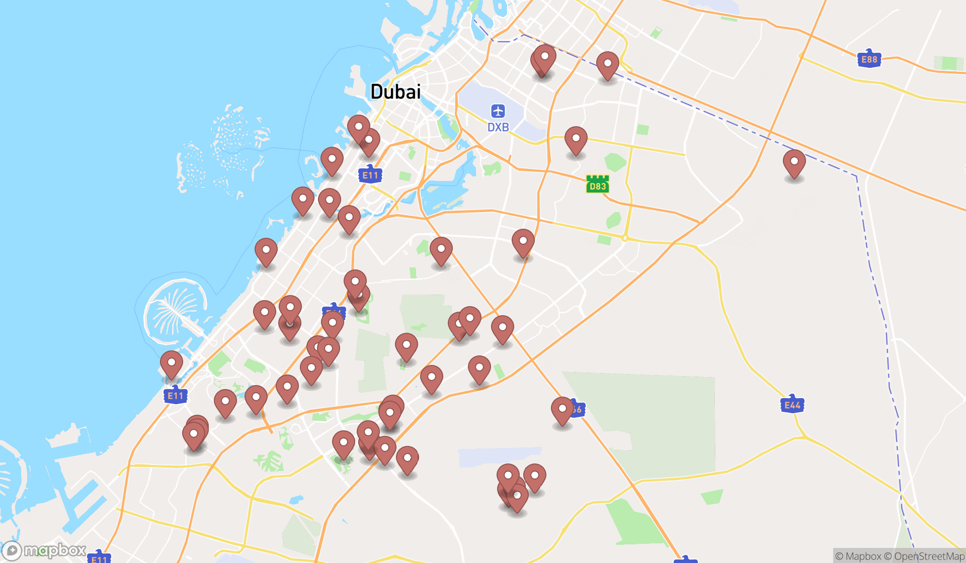 Map showing the search results in Dubai
