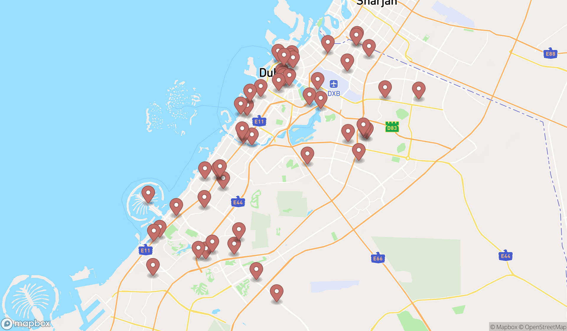 Map showing the search results in Dubai