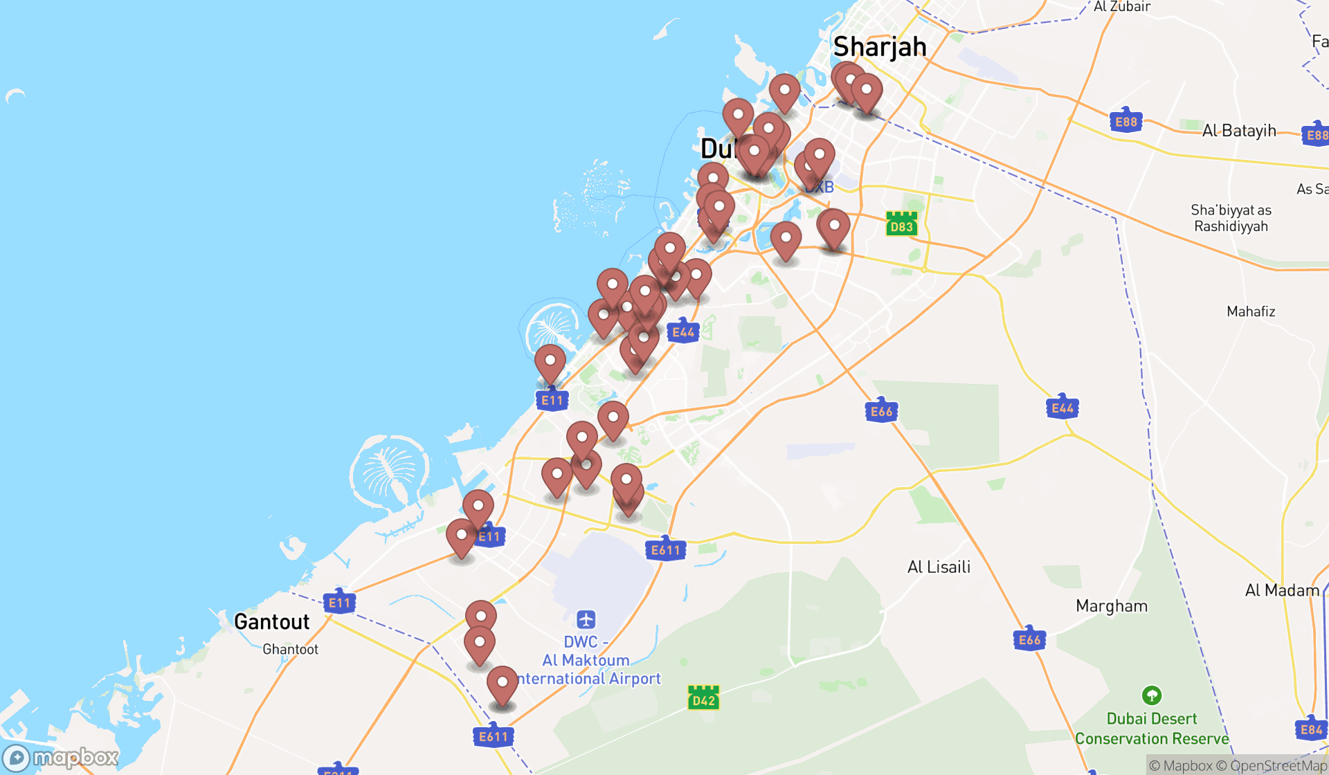 Map showing the search results in Dubai