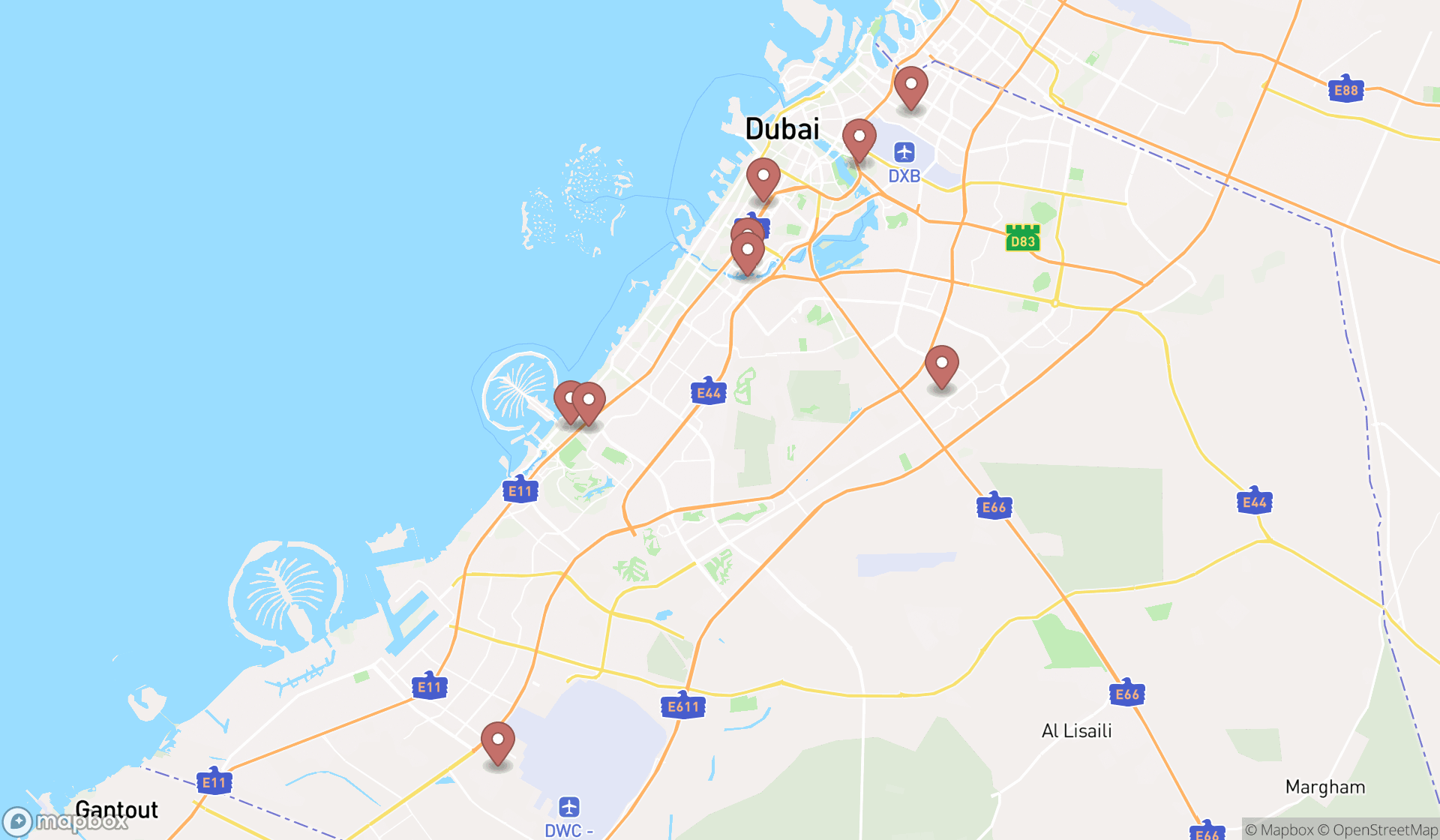 Map showing the search results in Dubai
