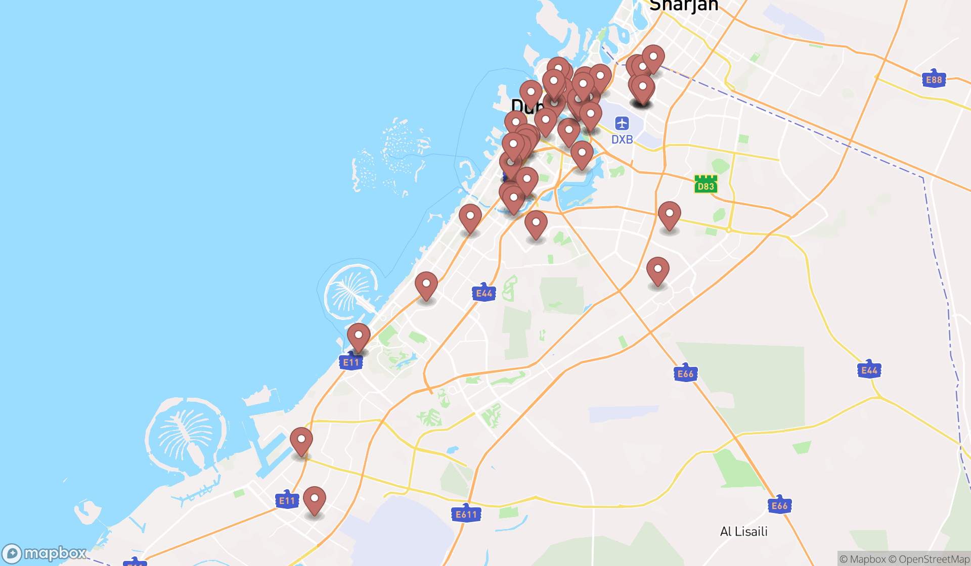 Map showing the search results in Dubai