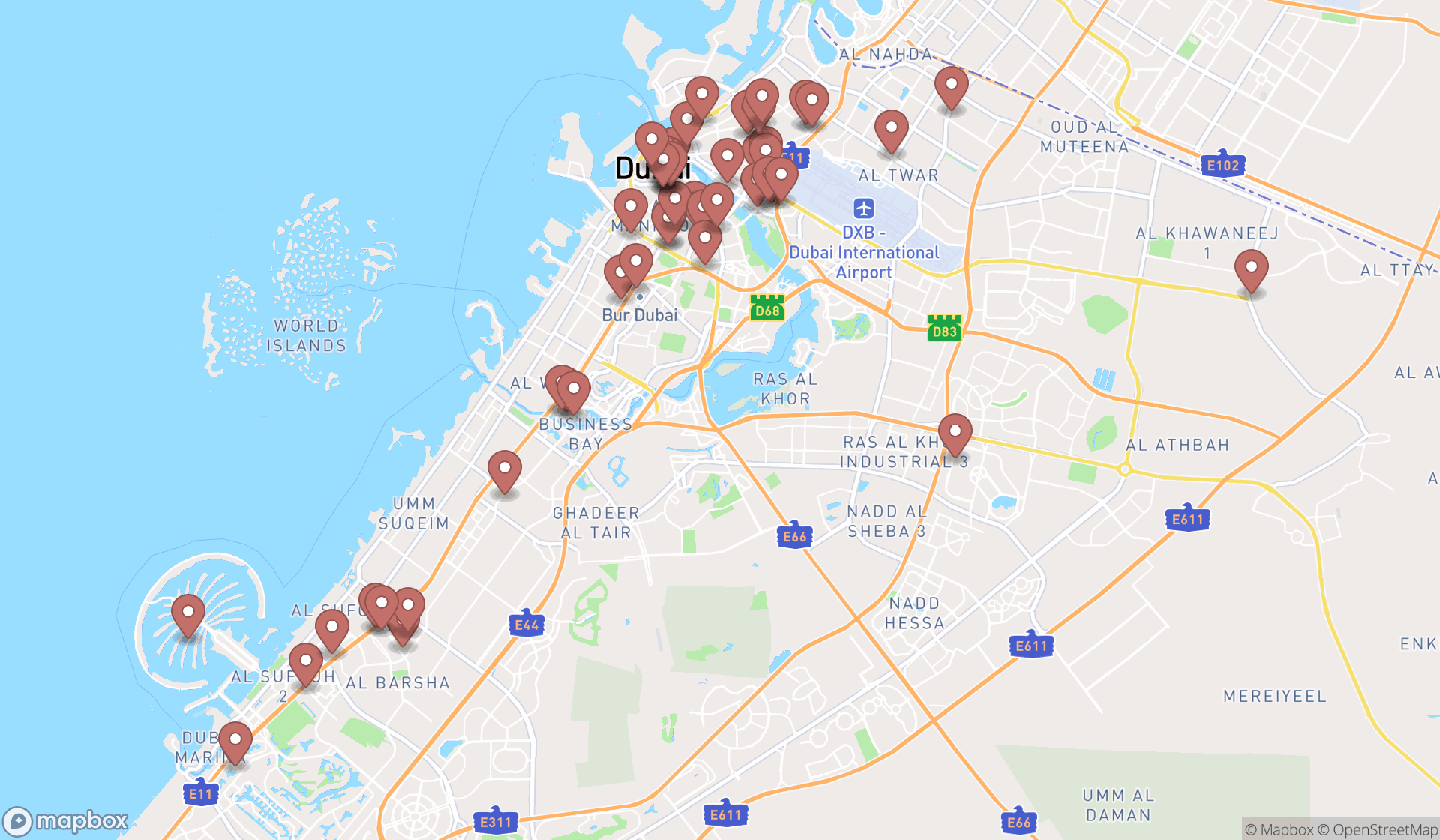 Map showing the search results in Dubai