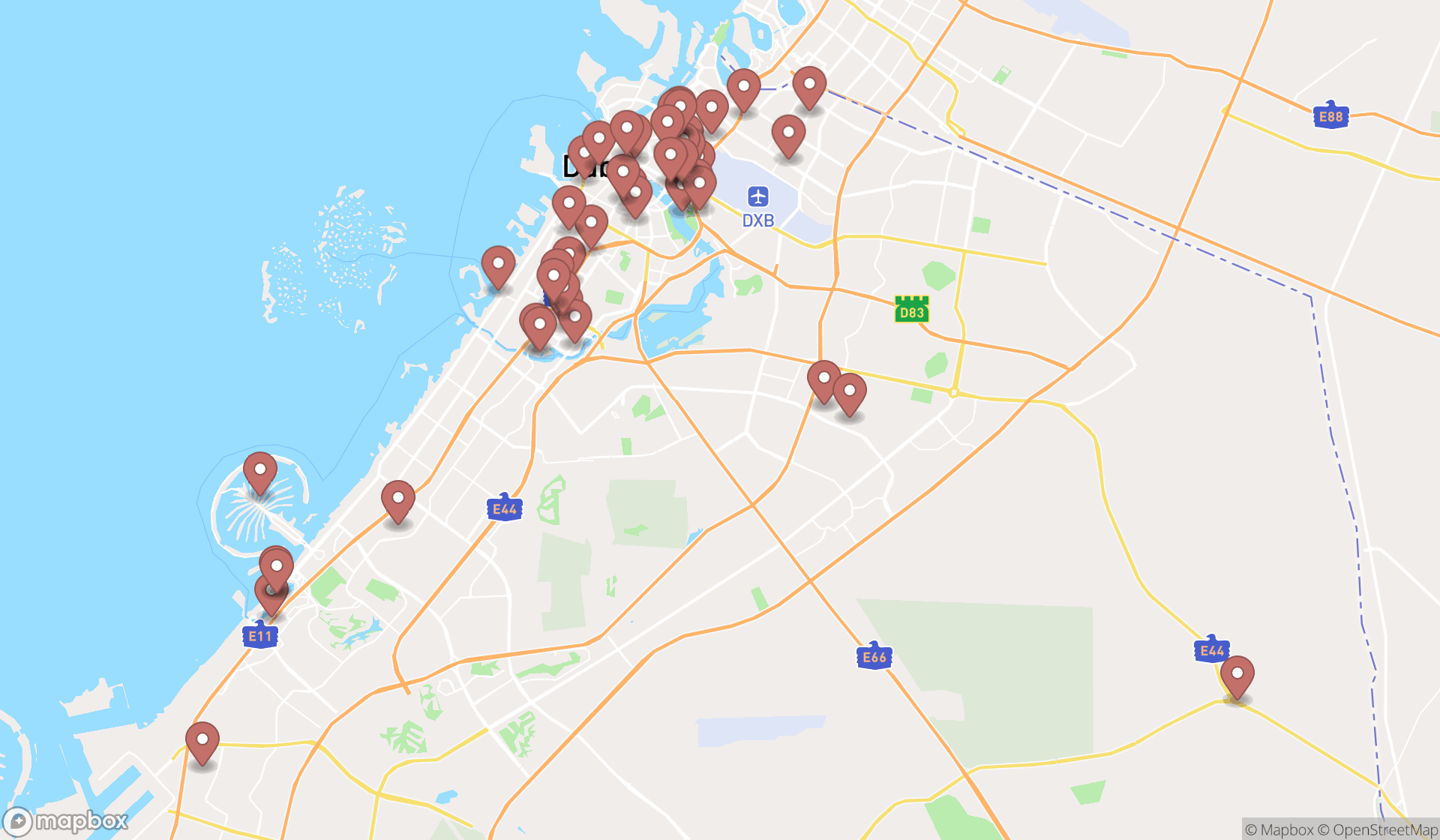 Map showing the search results in Dubai