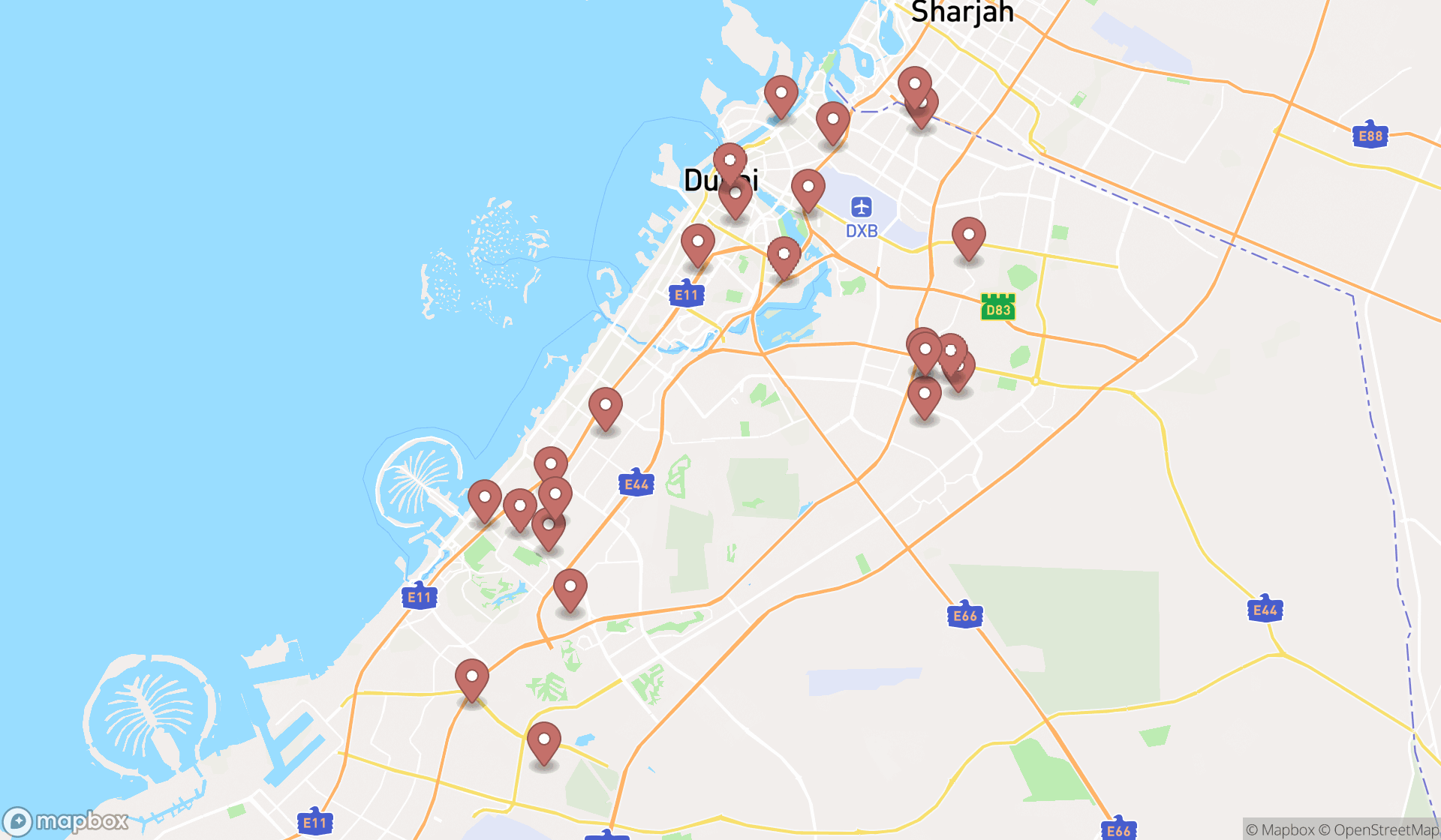 Map showing the search results in Dubai