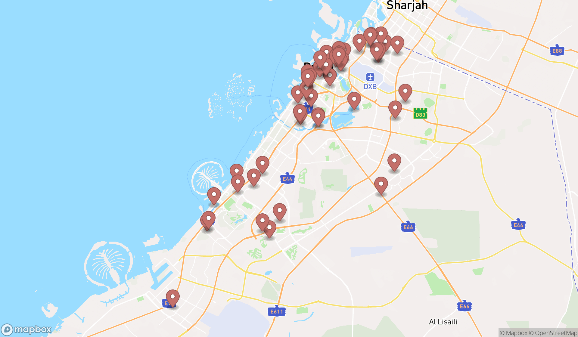 Map showing the search results in Dubai
