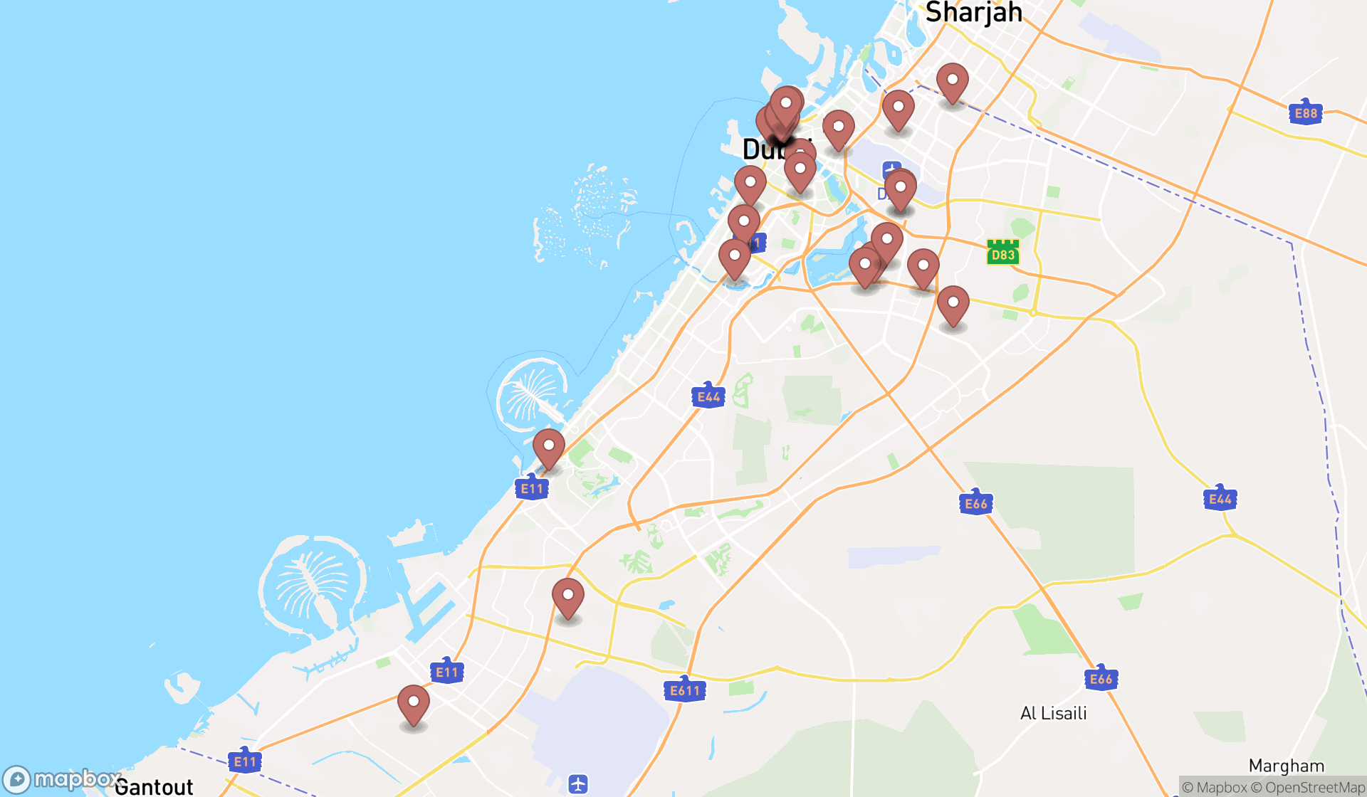 Map showing the search results in Dubai