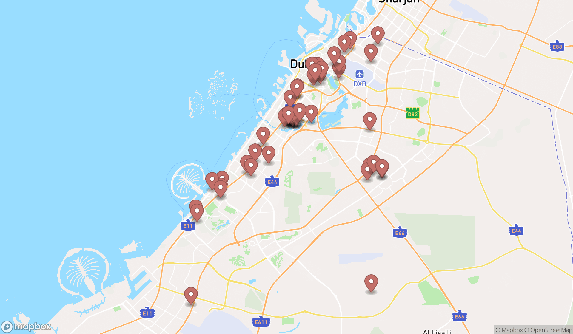Map showing the search results in Dubai