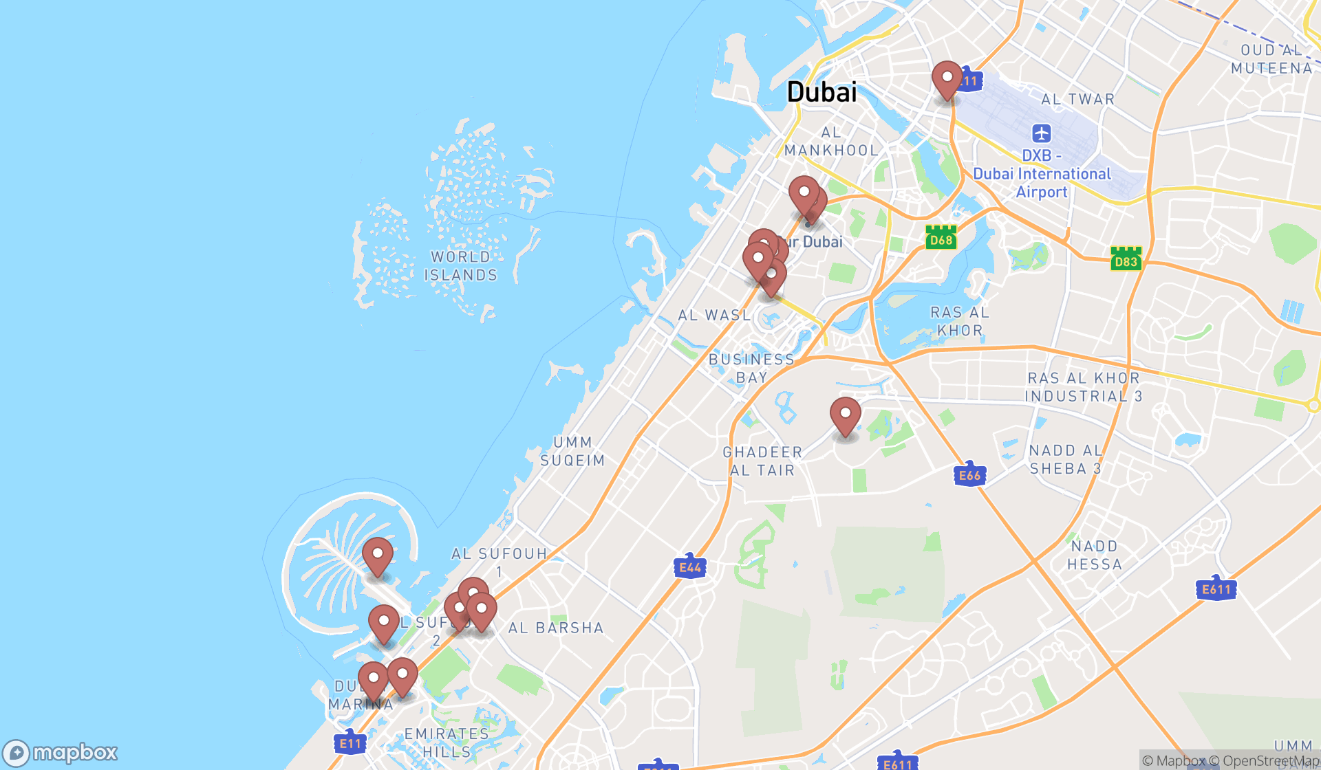 Map showing the search results in Dubai