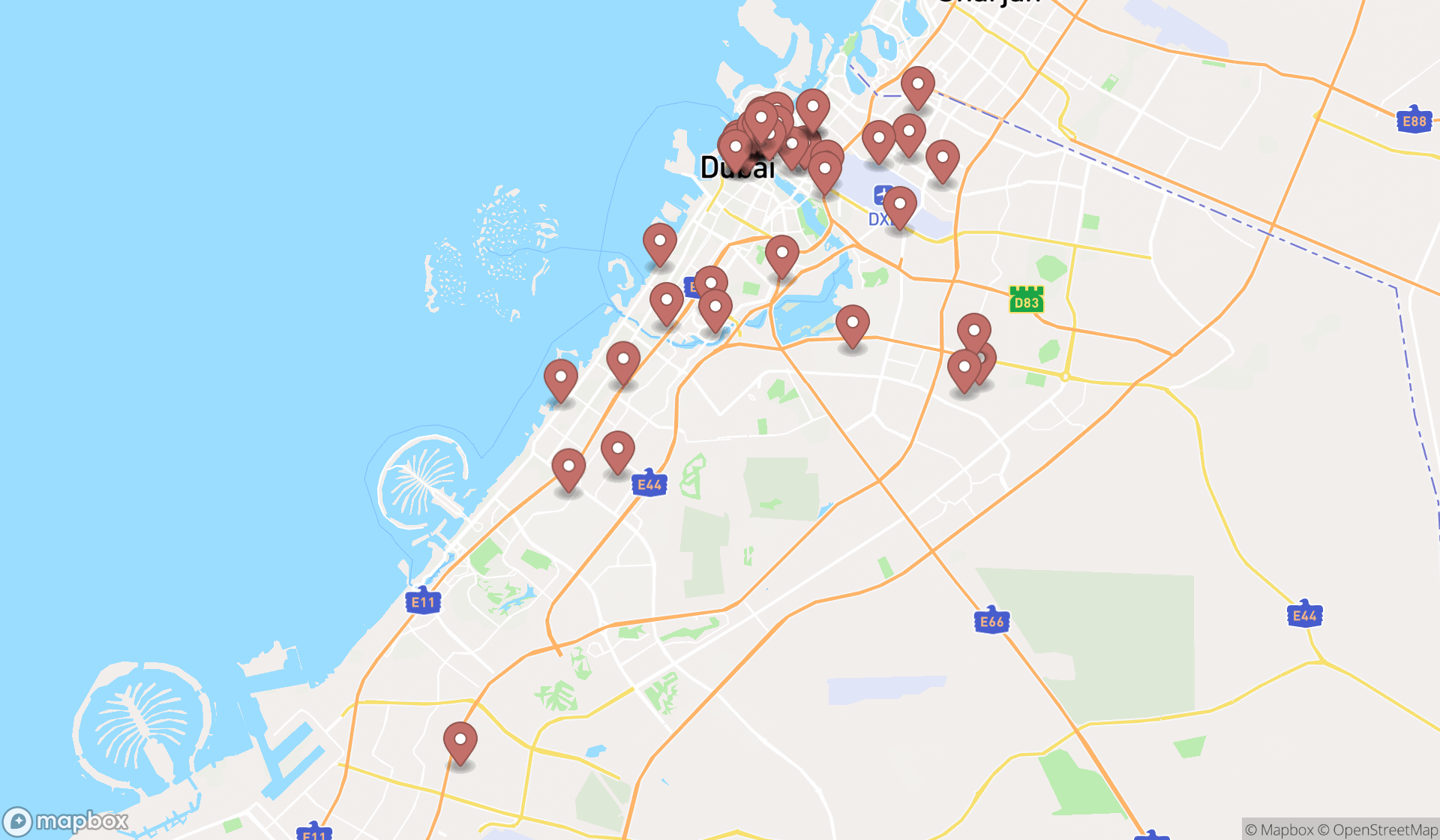 Map showing the search results in Dubai
