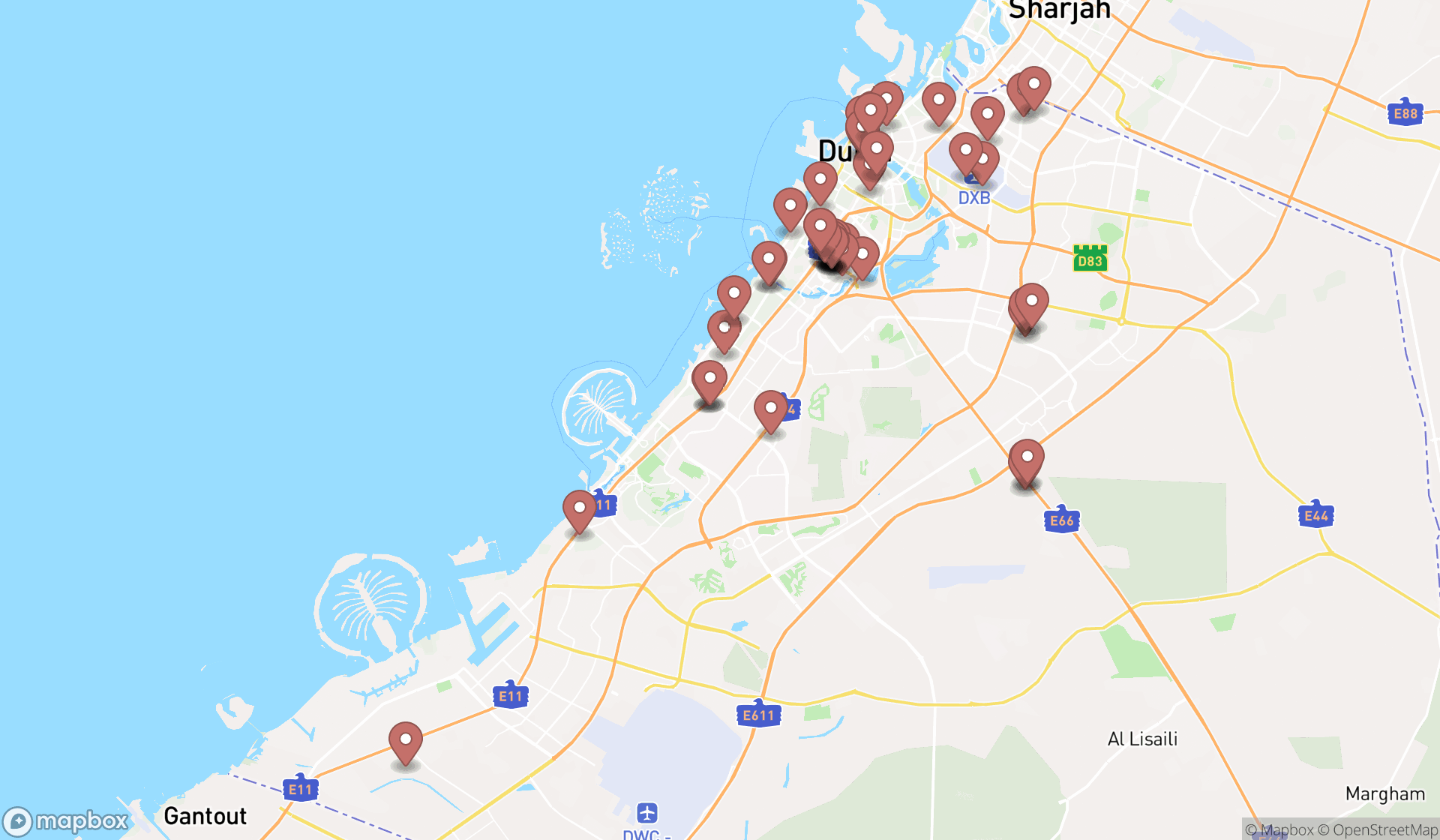 Map showing the search results in Dubai