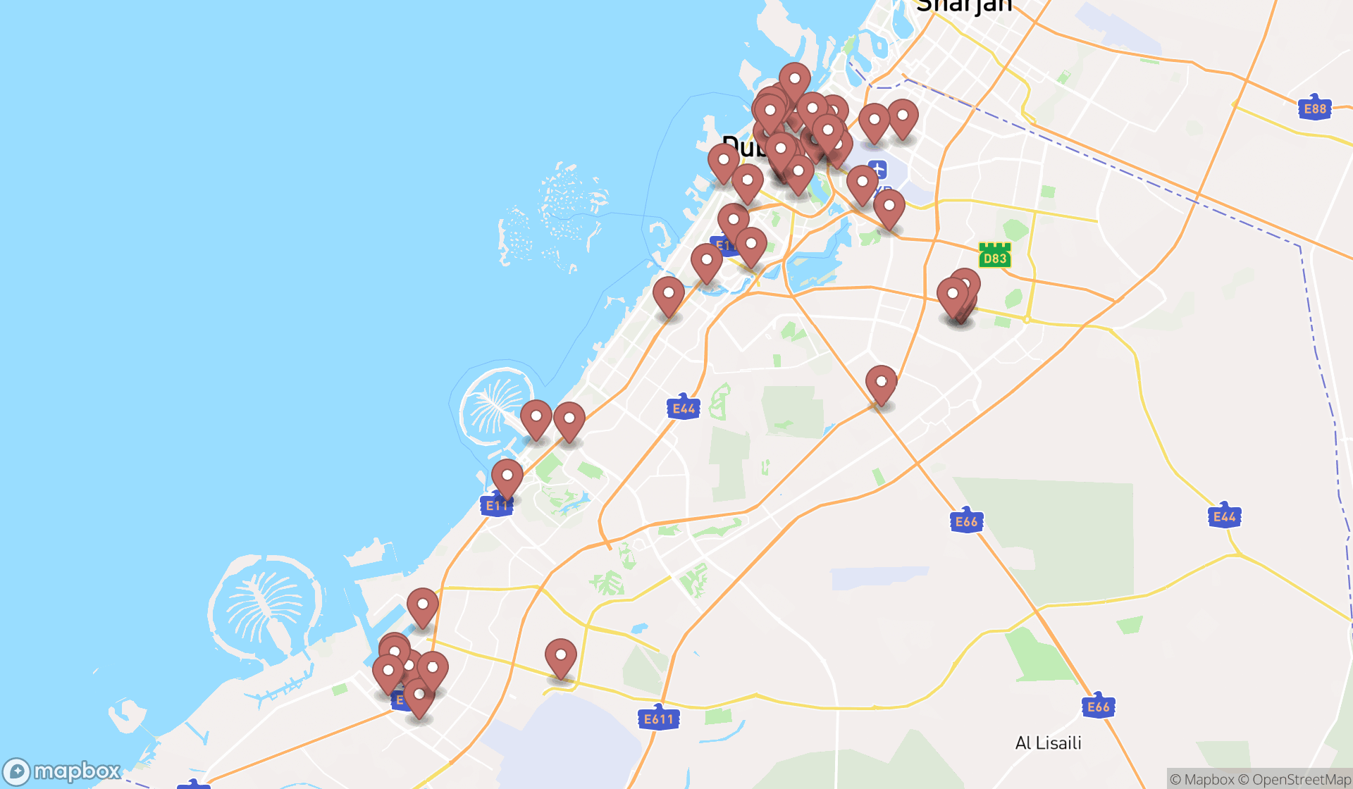 Map showing the search results in Dubai