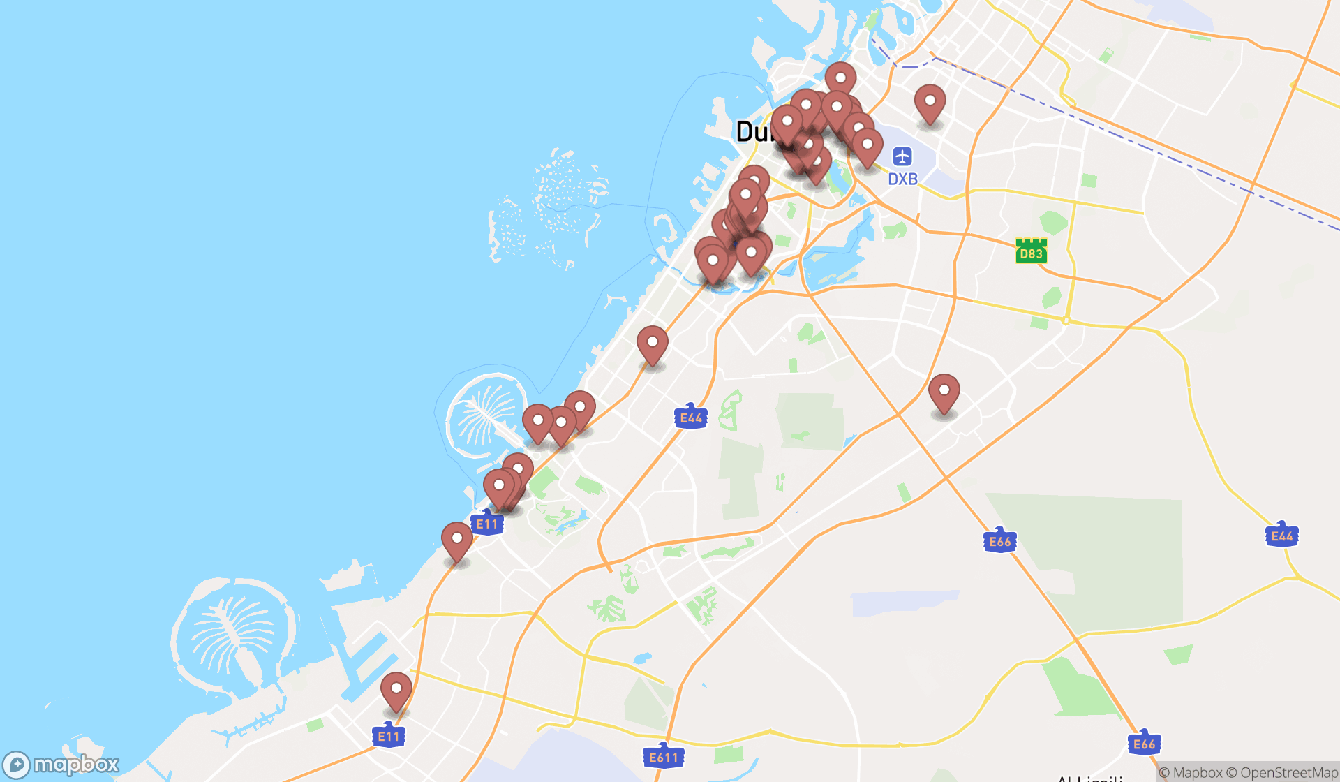 Map showing the search results in Dubai