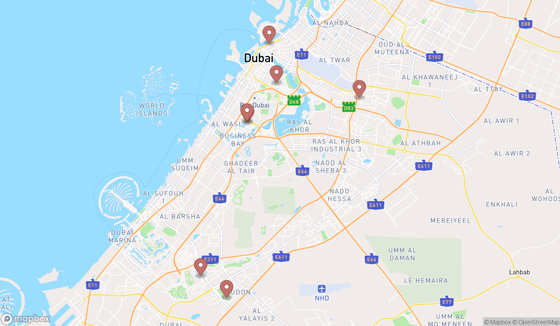 Map showing the search results in Dubai