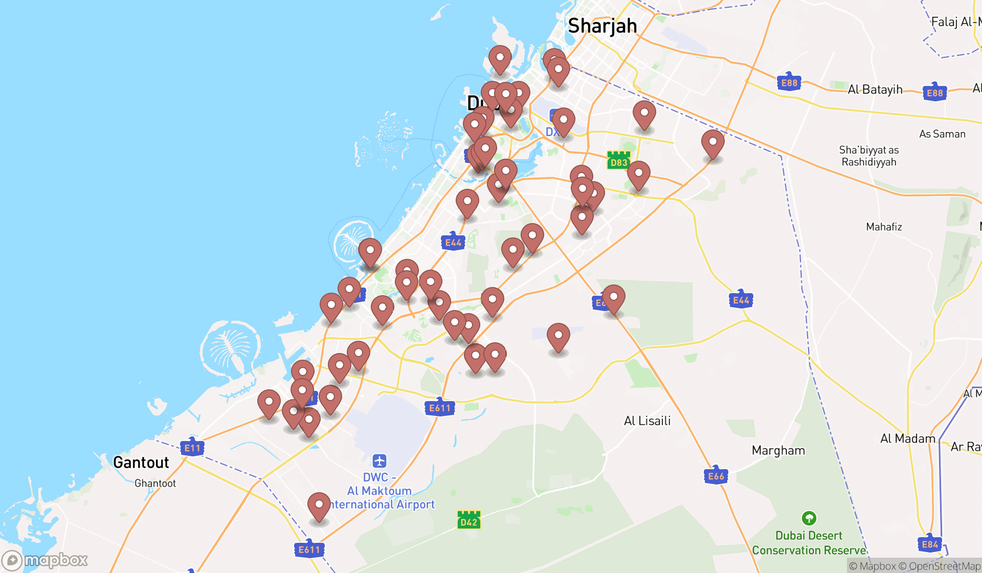 Map showing the search results in Dubai