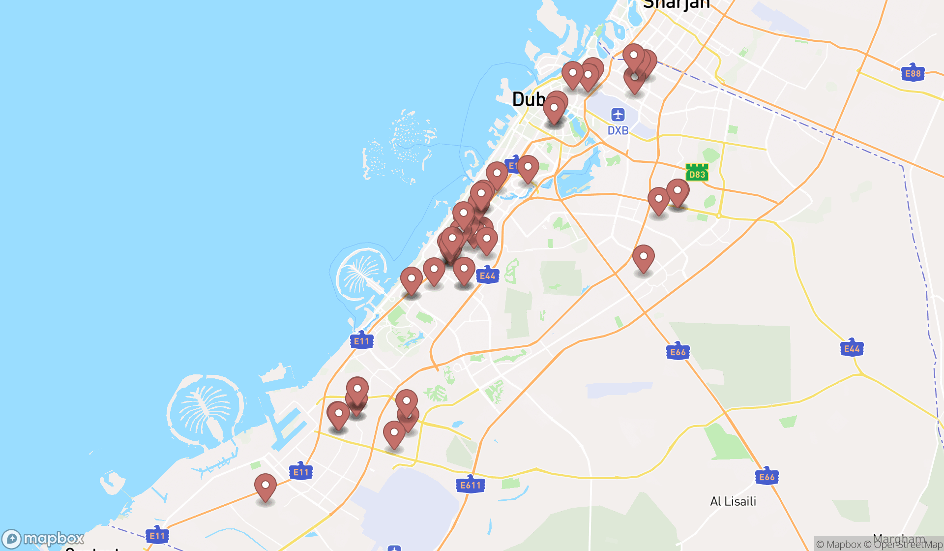 Map showing the search results in Dubai